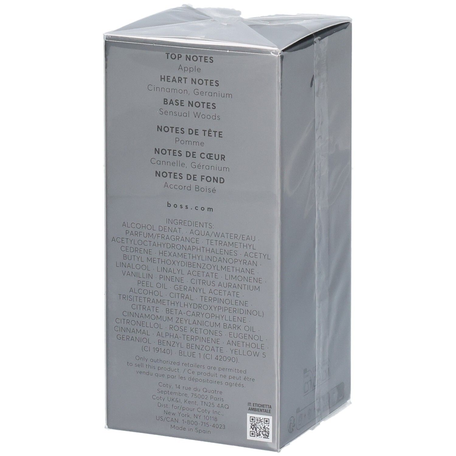 Arrière de l'emballage avec ingrédients et notes de BOSS Bottled Eau de Toilette.