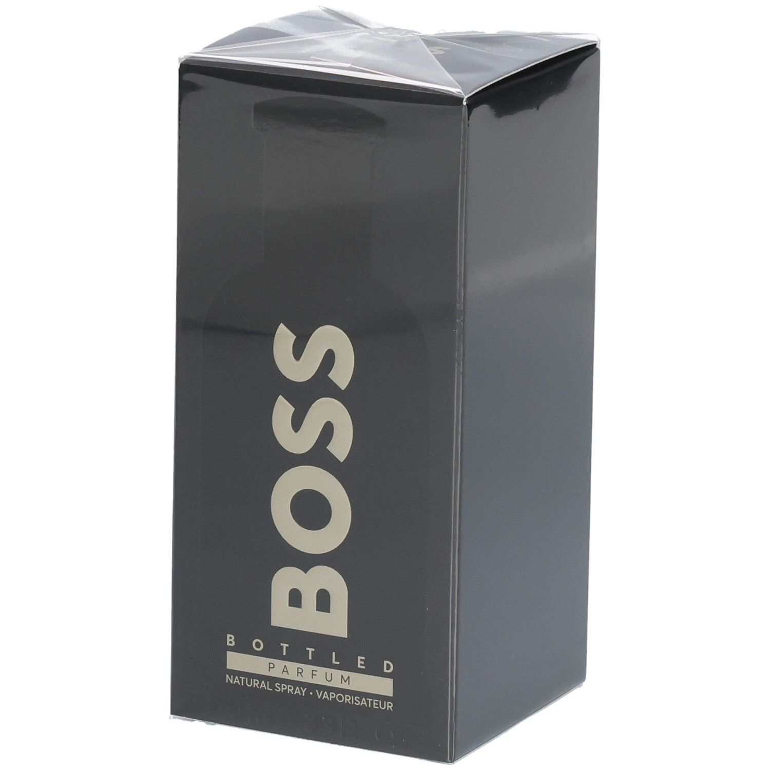 Boîte noire Hugo Boss Bottled Parfum avec inscription dorée.