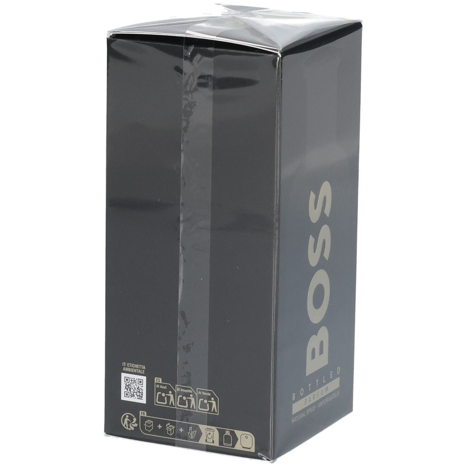 Arrière de la boîte Hugo Boss Bottled Parfum avec informations produit et code QR.