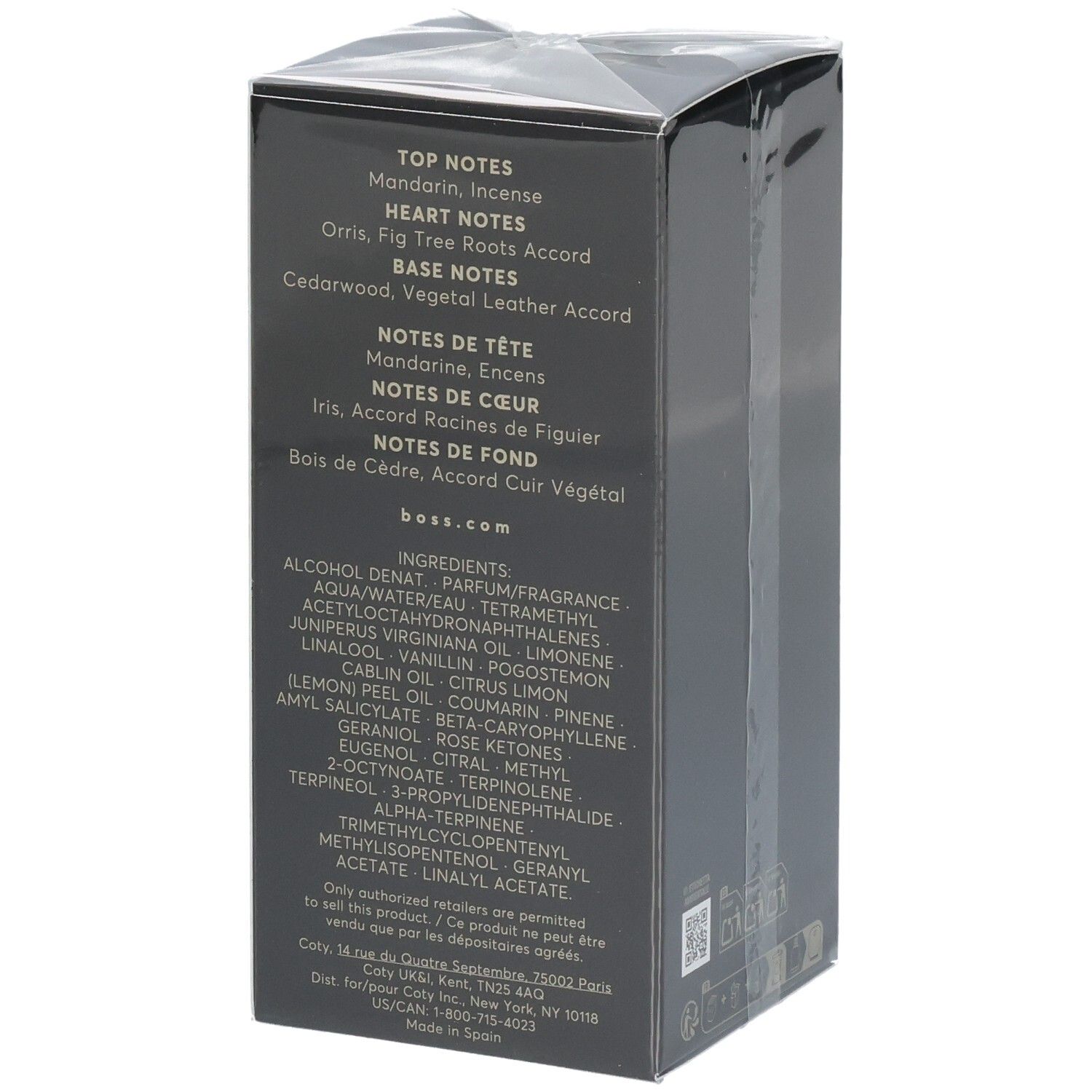 Côté de la boîte Hugo Boss Bottled Parfum avec notes de parfum et ingrédients.