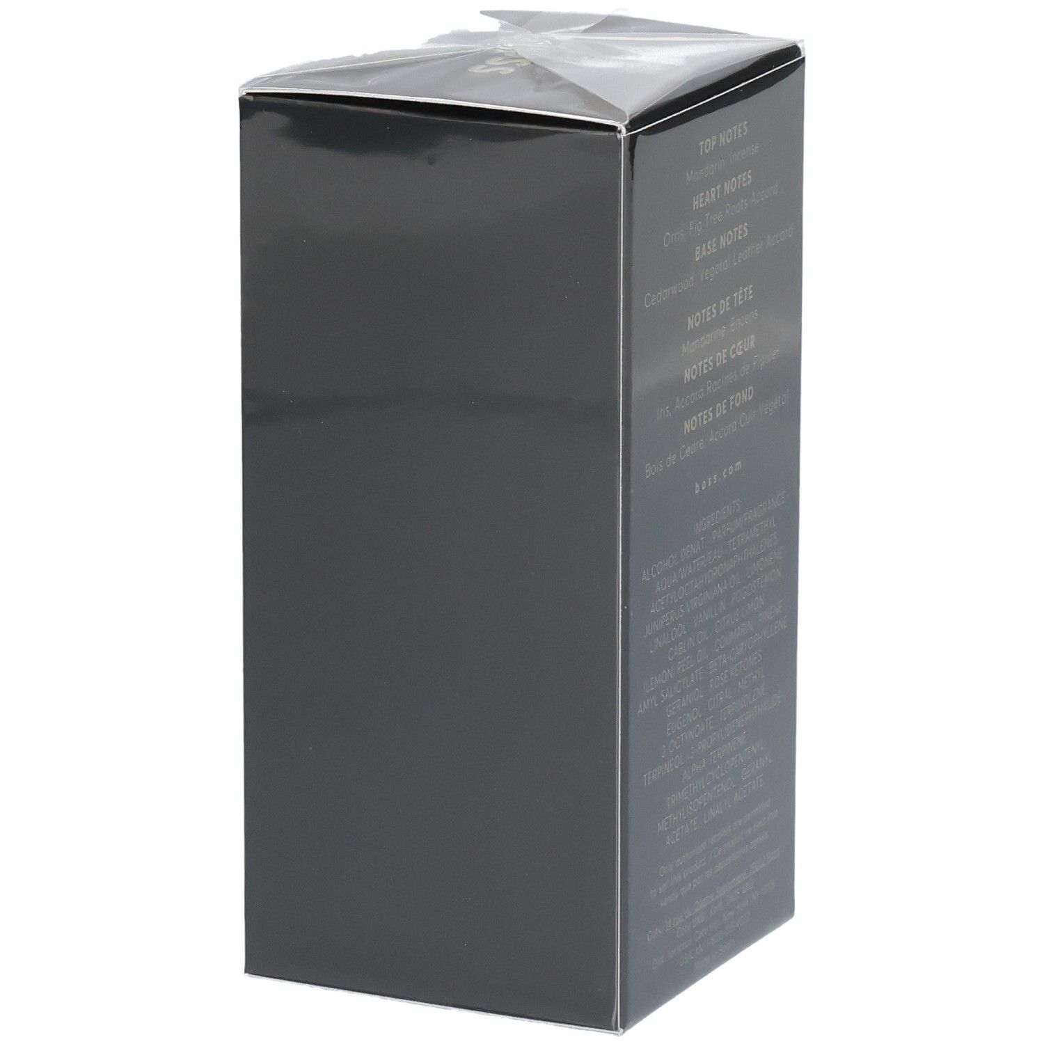 Côté de la boîte Hugo Boss Bottled Parfum avec notes de parfum et ingrédients.
