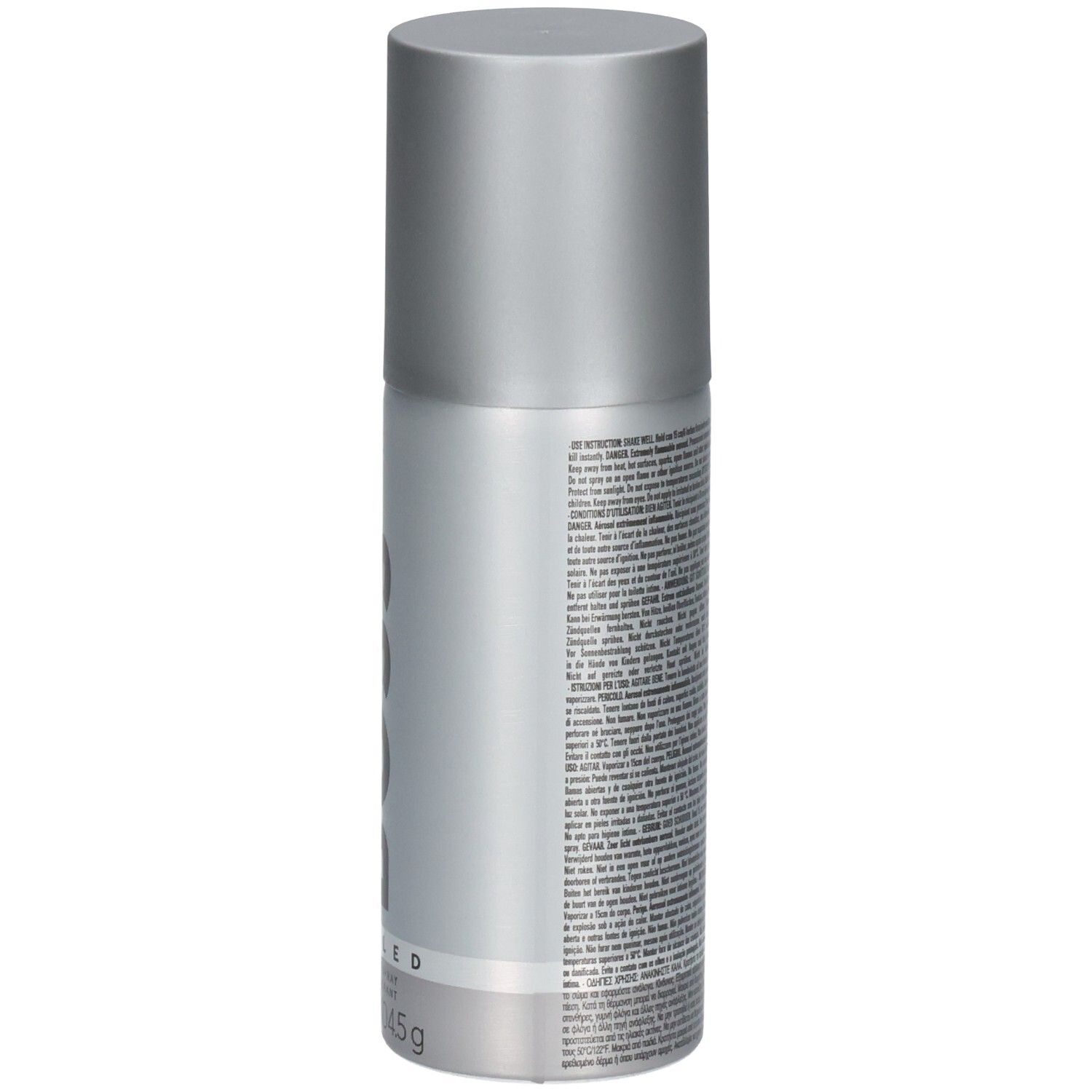 Côté du spray déodorant BOSS Bottled avec instructions d'utilisation détaillées.