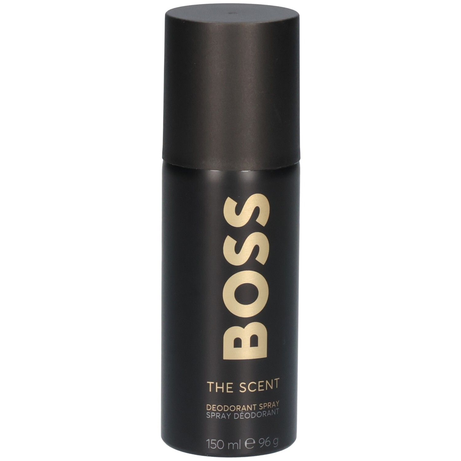 Zwarte deodorant sprayfles met gouden "BOSS THE SCENT"-opschrift en zwarte dop.
