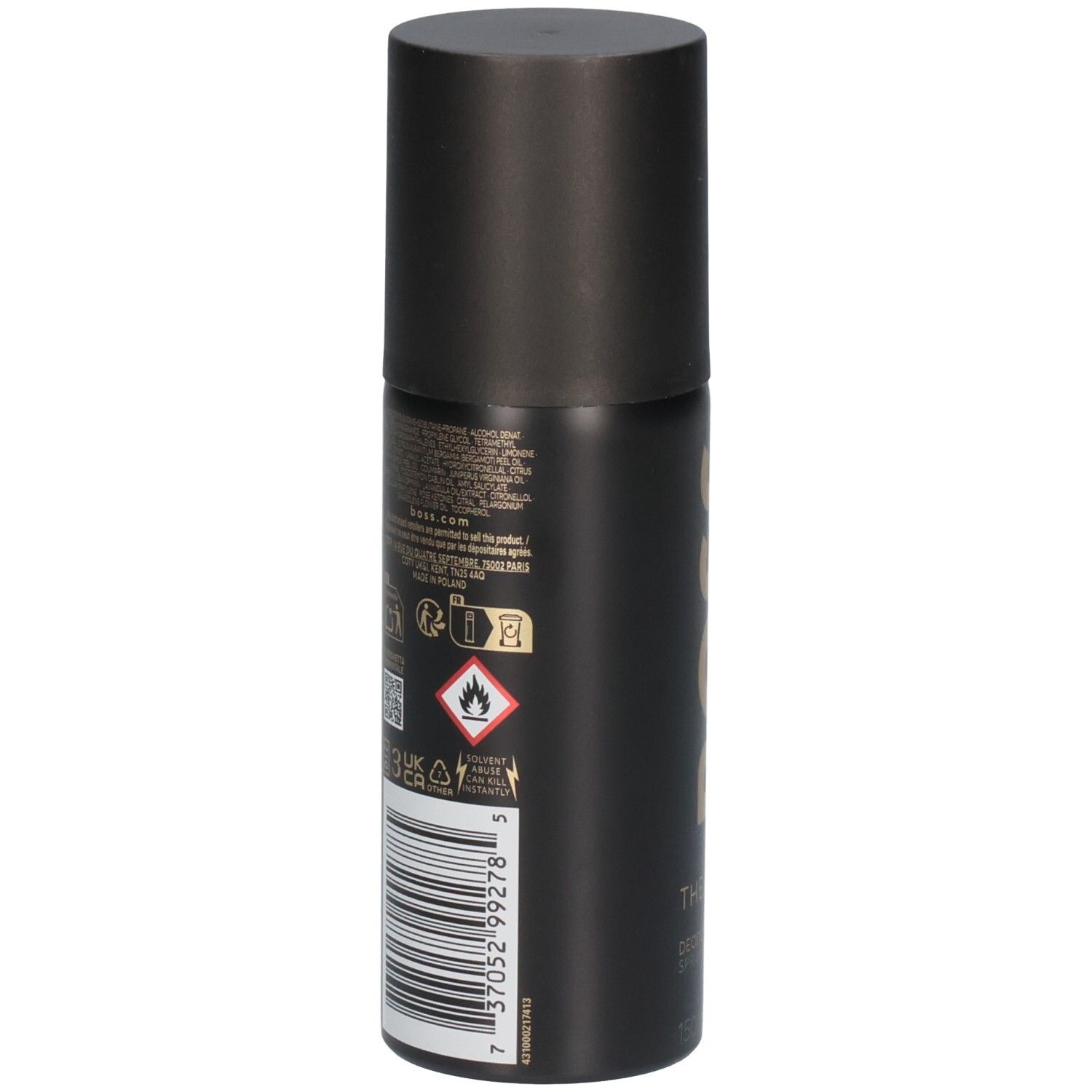 Achterkant van een zwarte deodorant sprayfles met waarschuwingssymbolen en barcode.