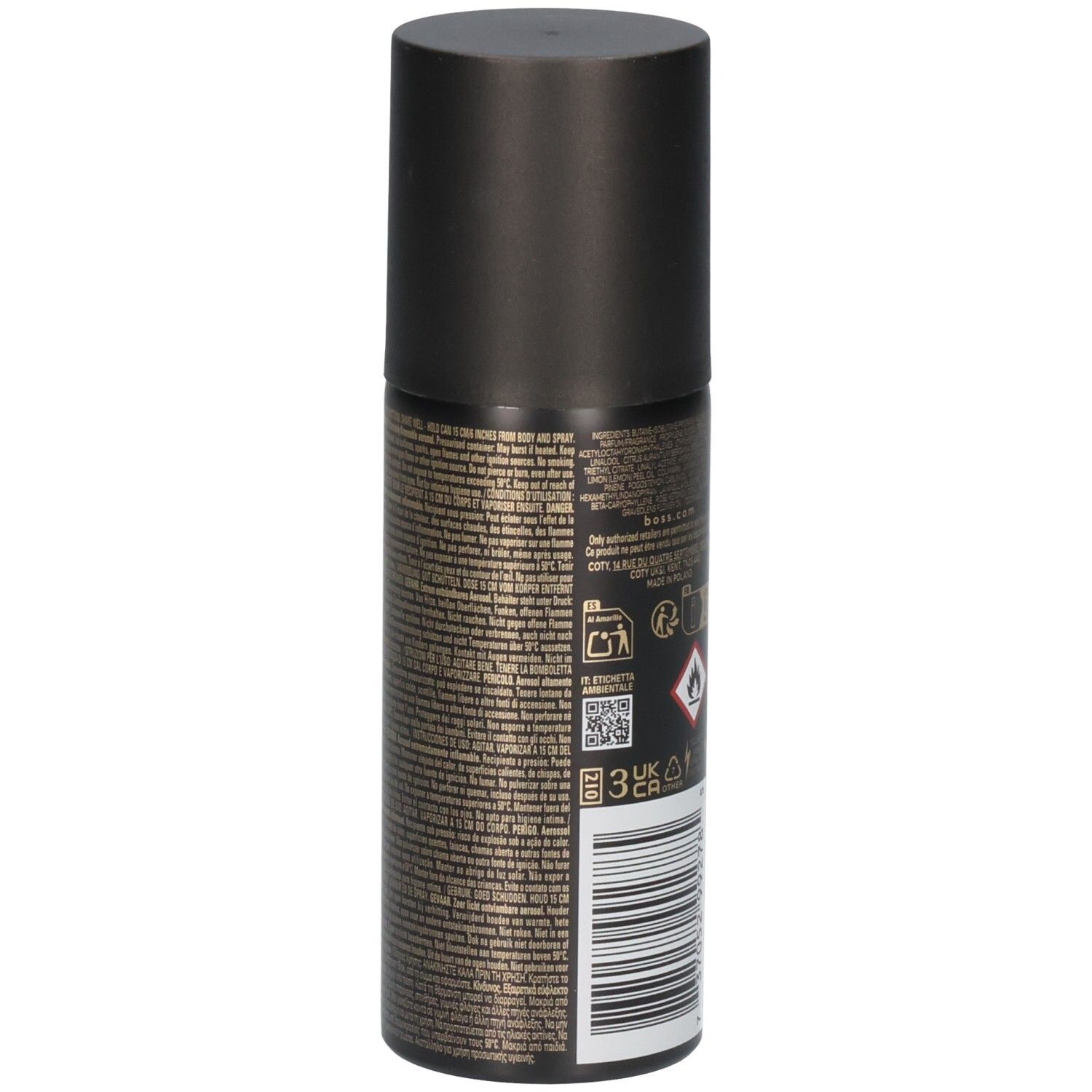 Zijkant van een zwarte deodorant sprayfles met gedetailleerde productinformatie en barcode.