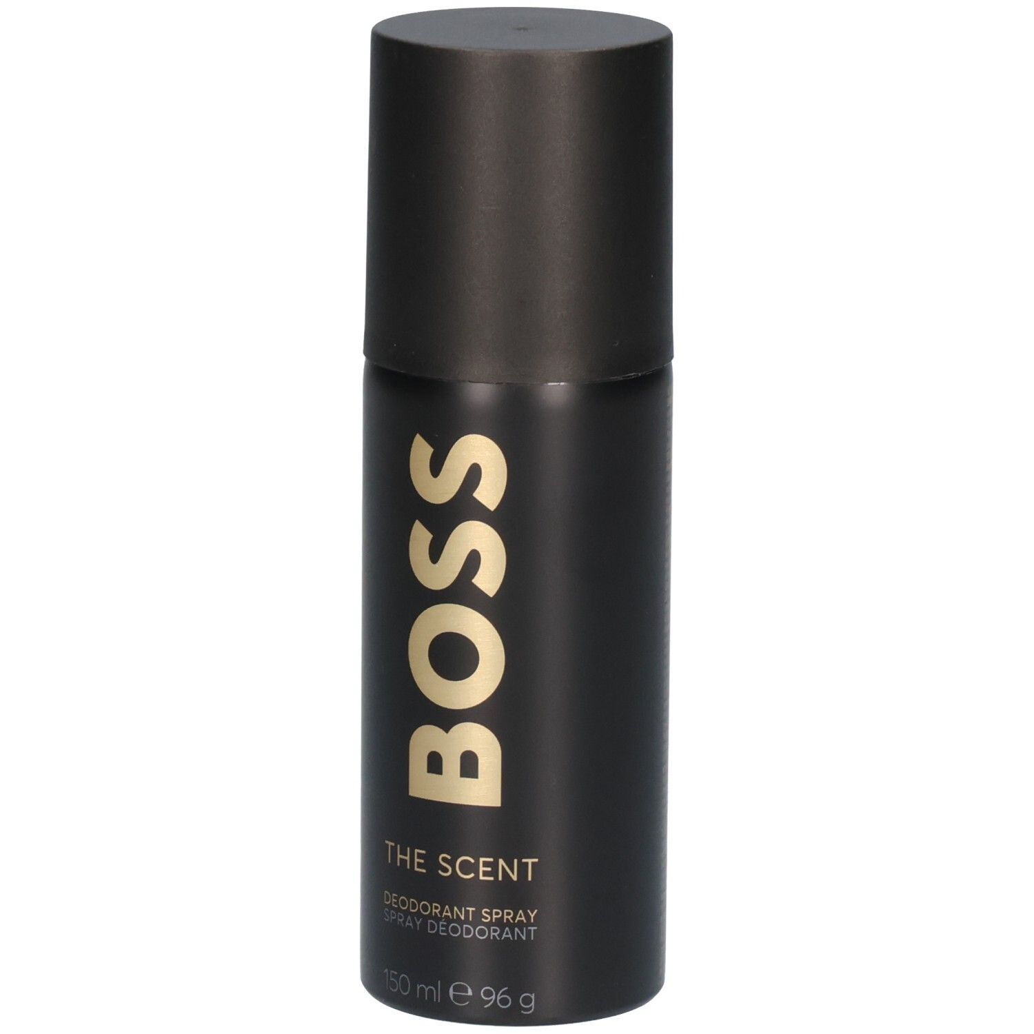 Zwarte deodorant sprayfles met gouden "BOSS THE SCENT"-opschrift en zwarte dop.