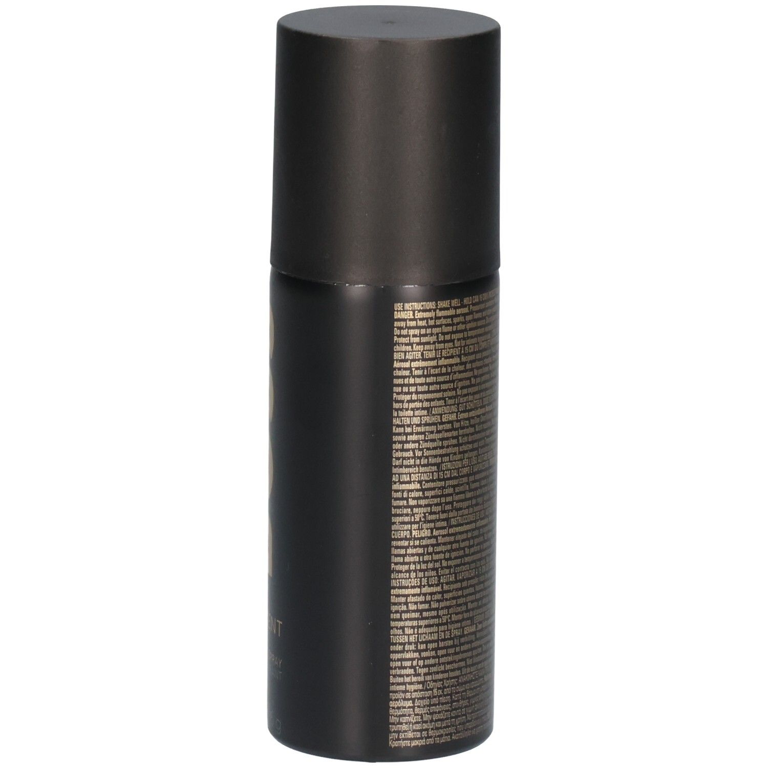 Zijkant van een zwarte deodorant sprayfles met fijne tekst en barcode.