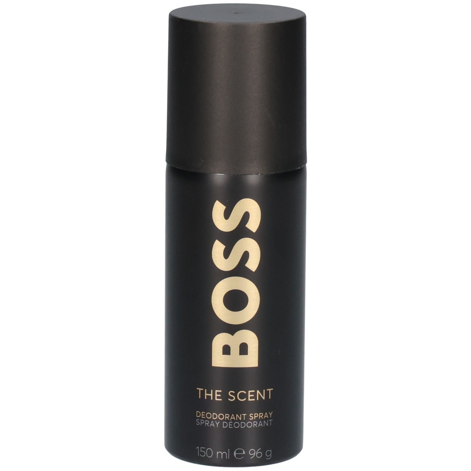 Zwarte deodorant sprayfles met gouden "BOSS THE SCENT"-opschrift en zwarte dop.