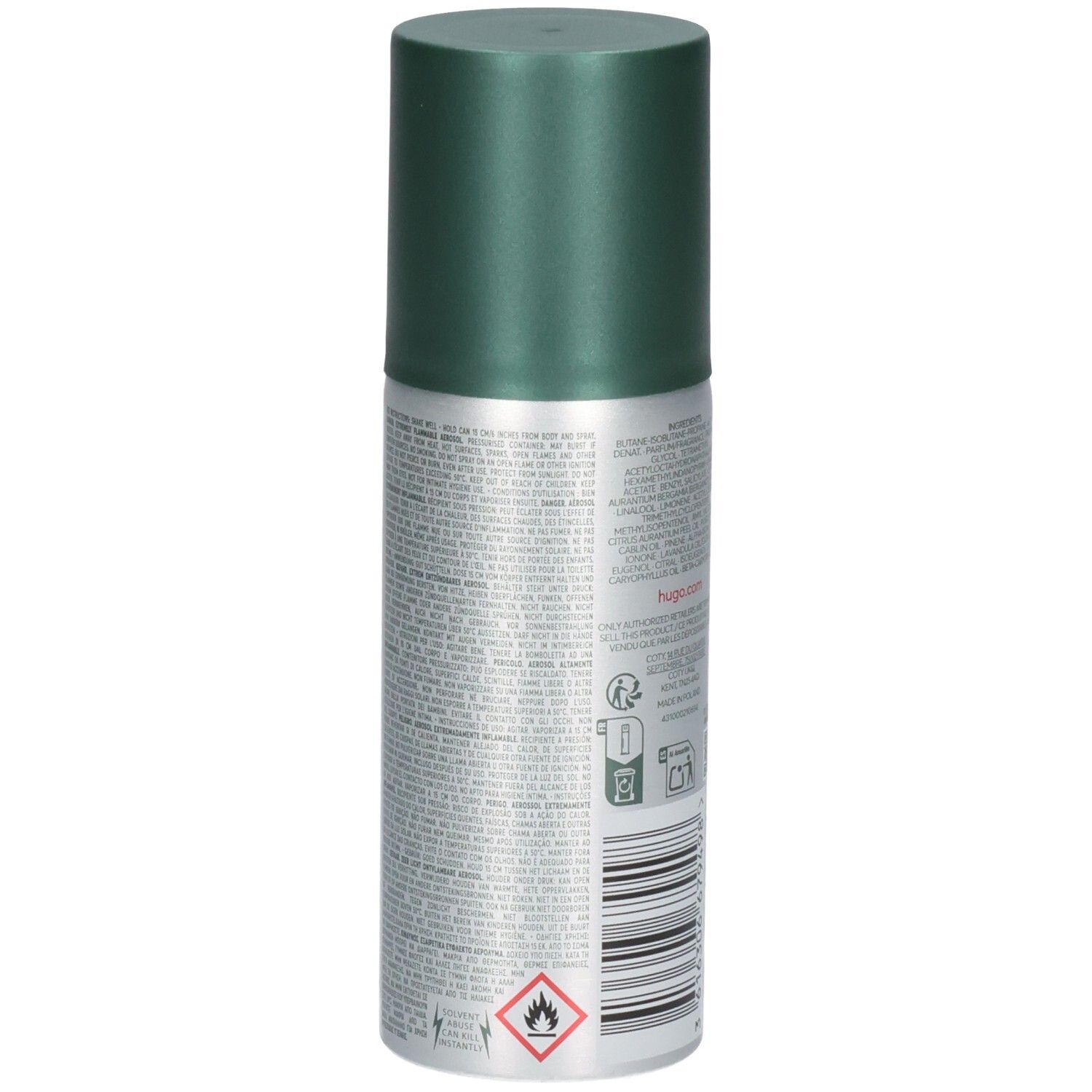 Côté de la bombe de déodorant Hugo Boss Man avec avertissements et code-barres.