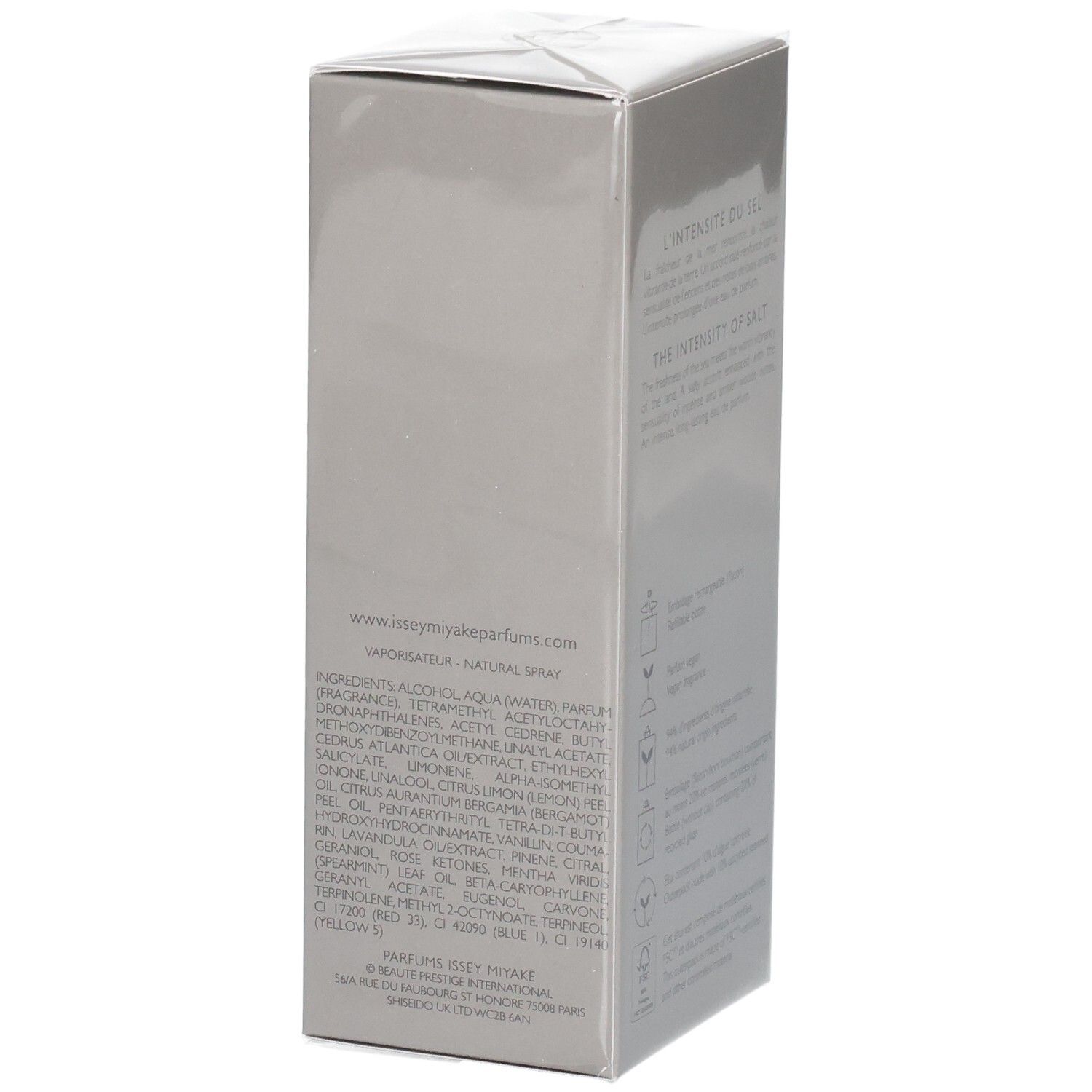 Issey Miyake Le Sel d'Issey Eau de Parfum boîte en carton, liste des ingrédients.
