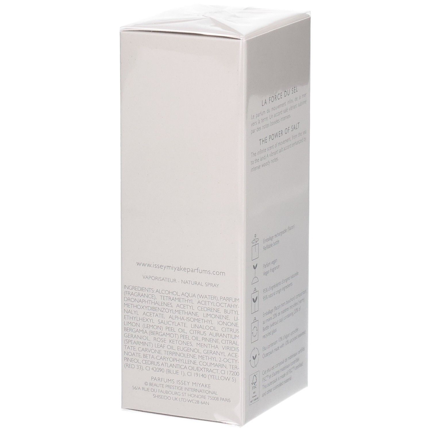 Issey Miyake Le Sel d'Issey Eau de Toilette doos met ingrediënten.