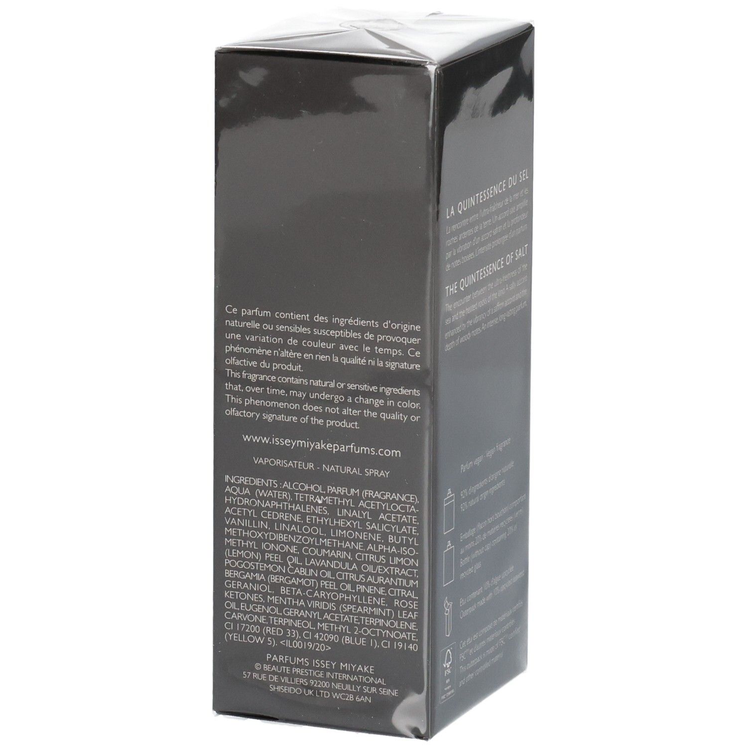 Issey Miyake Le Sel d'Issey Parfum verpakking, zijkant met ingrediënten.