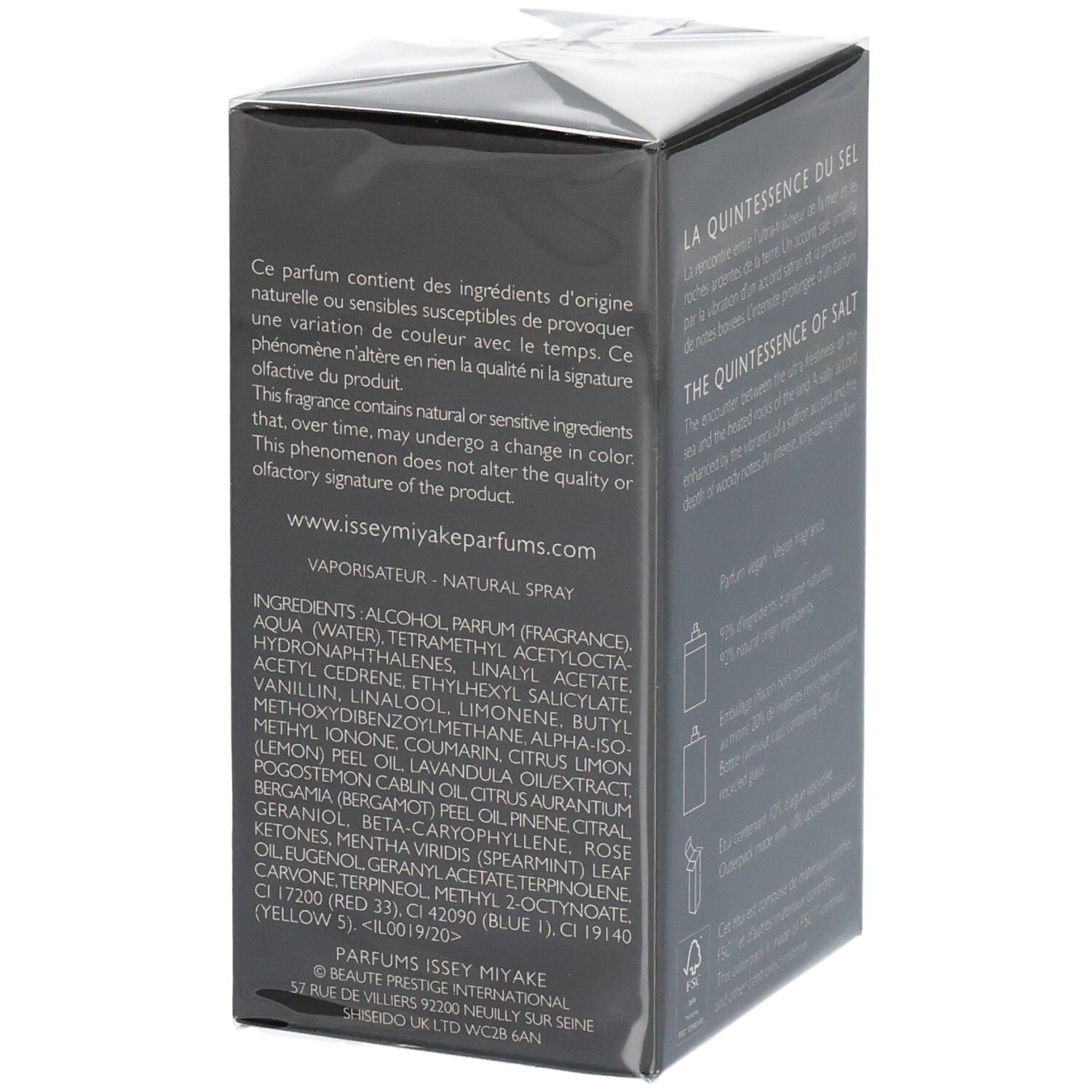 Issey Miyake Le Sel d'Issey Parfum 50ml doos, zijkant met ingrediënten.