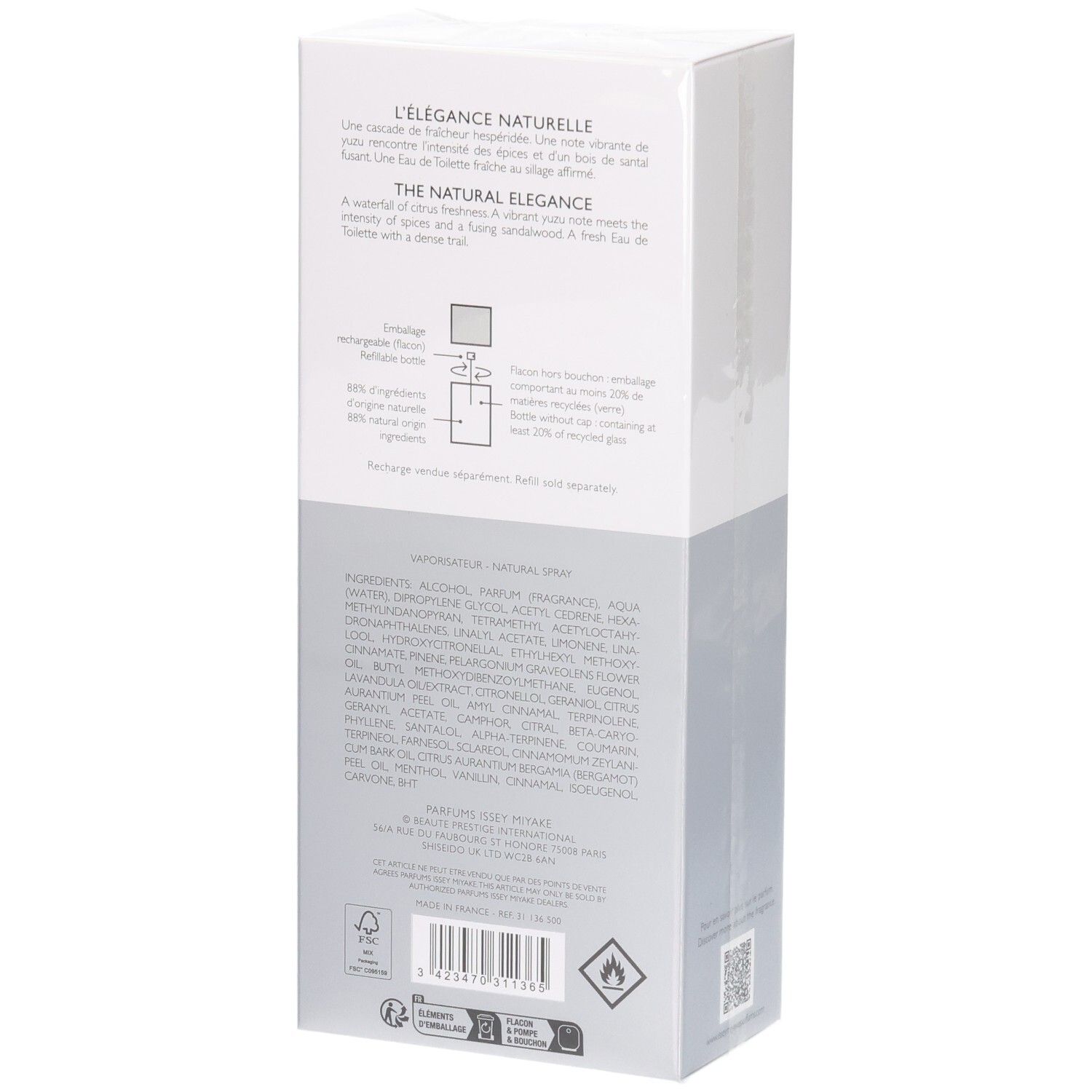 Issey Miyake L'eau D'Issey Pour Homme Eau De Toilette Spray 125ml Boîte, côté ingrédients.