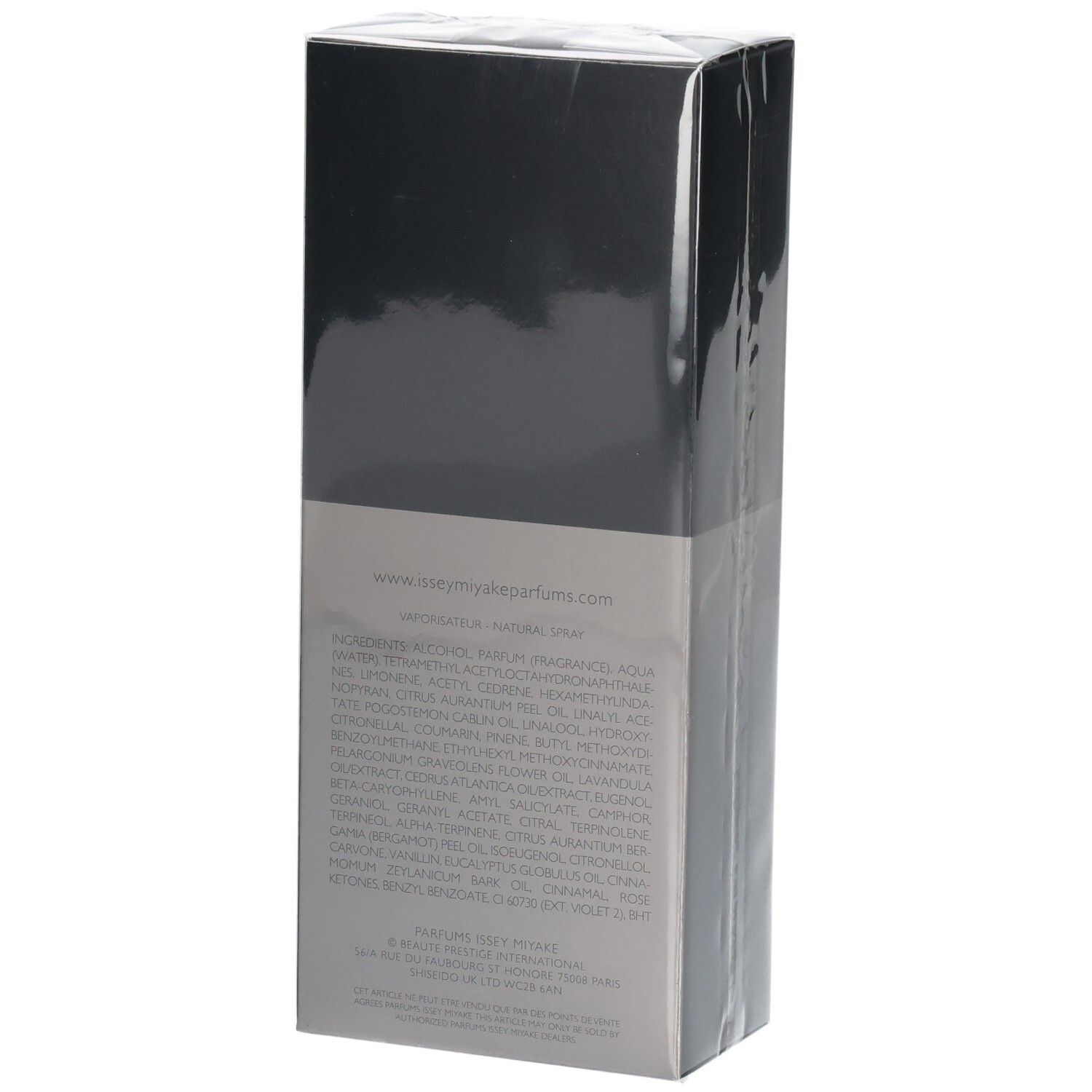 Arrière de l'emballage de Issey Miyake L'Eau d'Issey pour Homme Intense Eau de Toilette avec ingrédients.