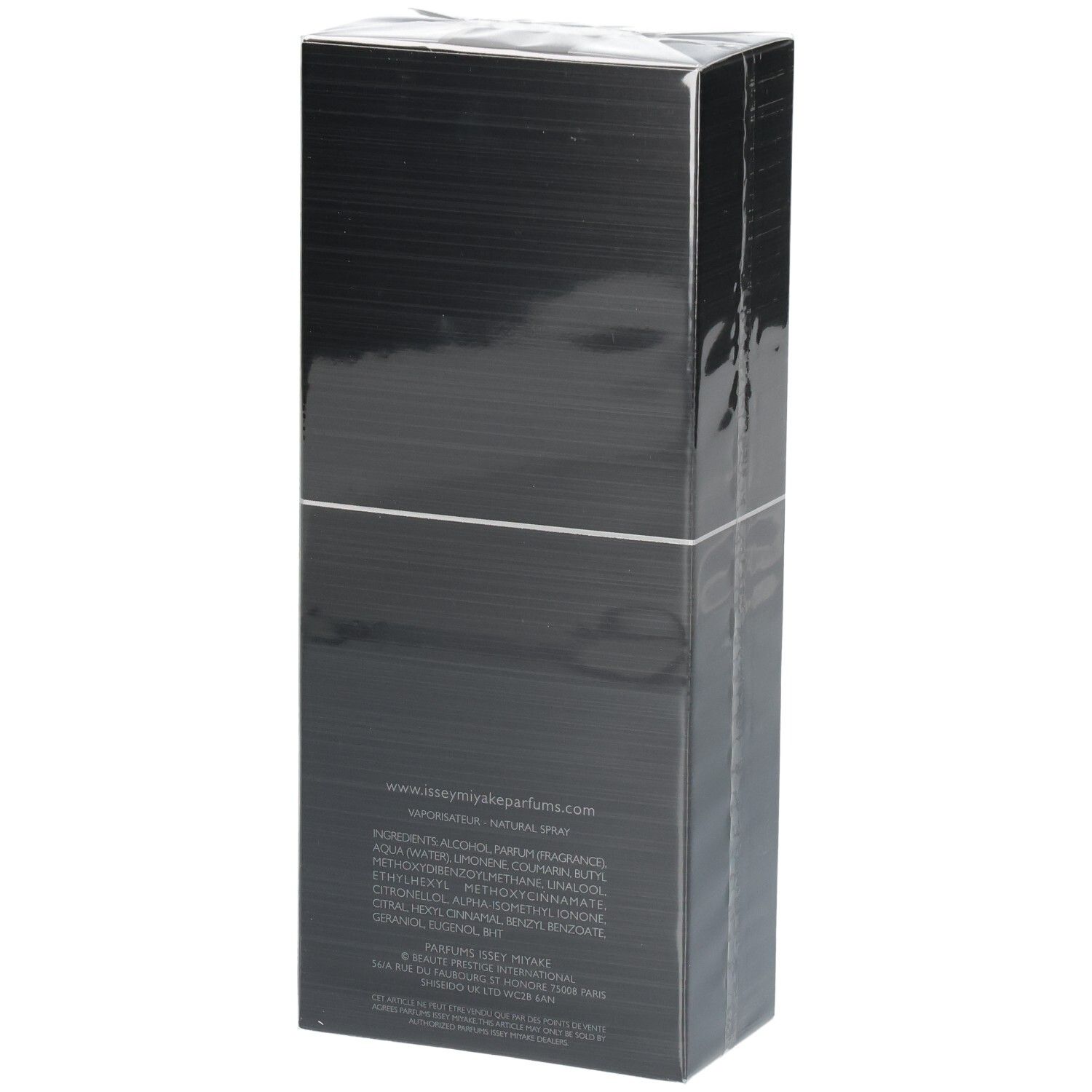 Issey Miyake Nuit d'Issey Parfum Carton, noir, avec texte.