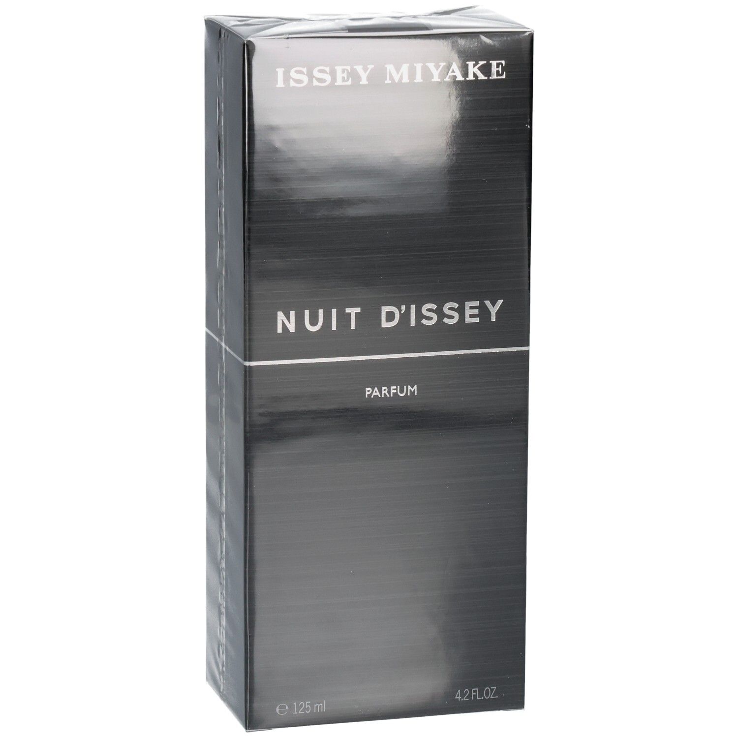 Issey Miyake Nuit d'Issey Parfum Carton, noir, avec texte.