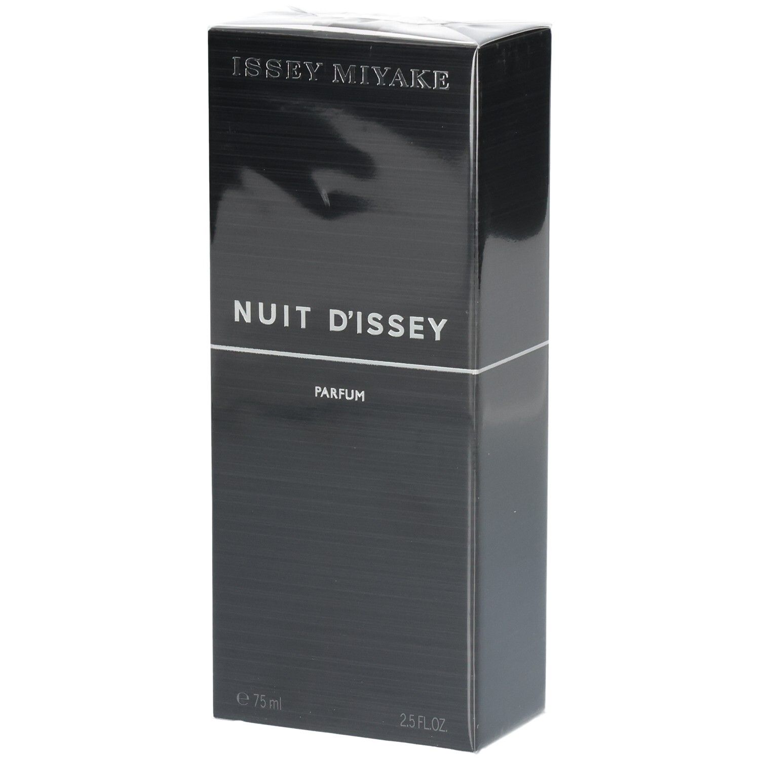 Boîte Issey Miyake Nuit d'Issey Parfum, noire, avec des lignes horizontales.