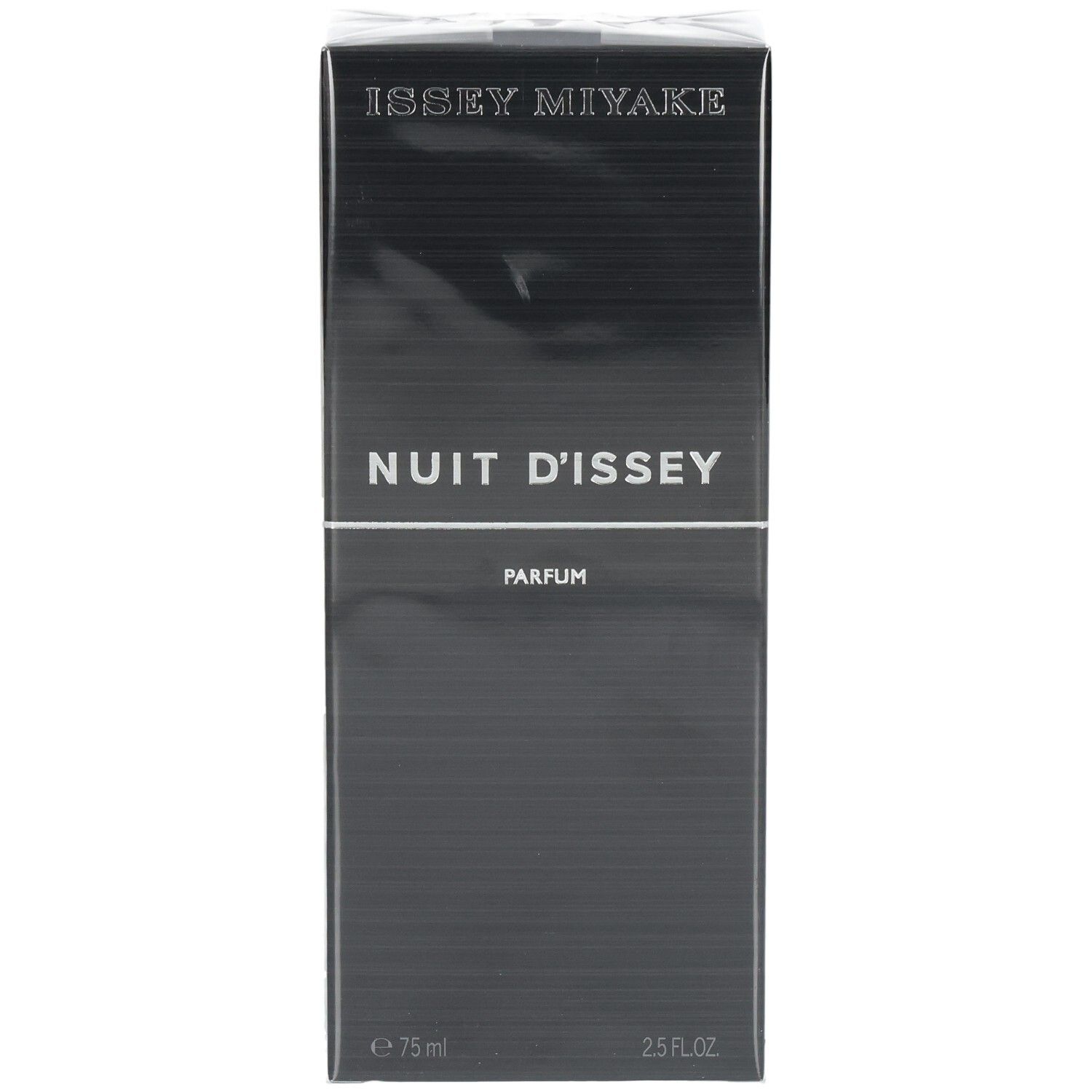Boîte Issey Miyake Nuit d'Issey Parfum, noire, avec des lignes horizontales.