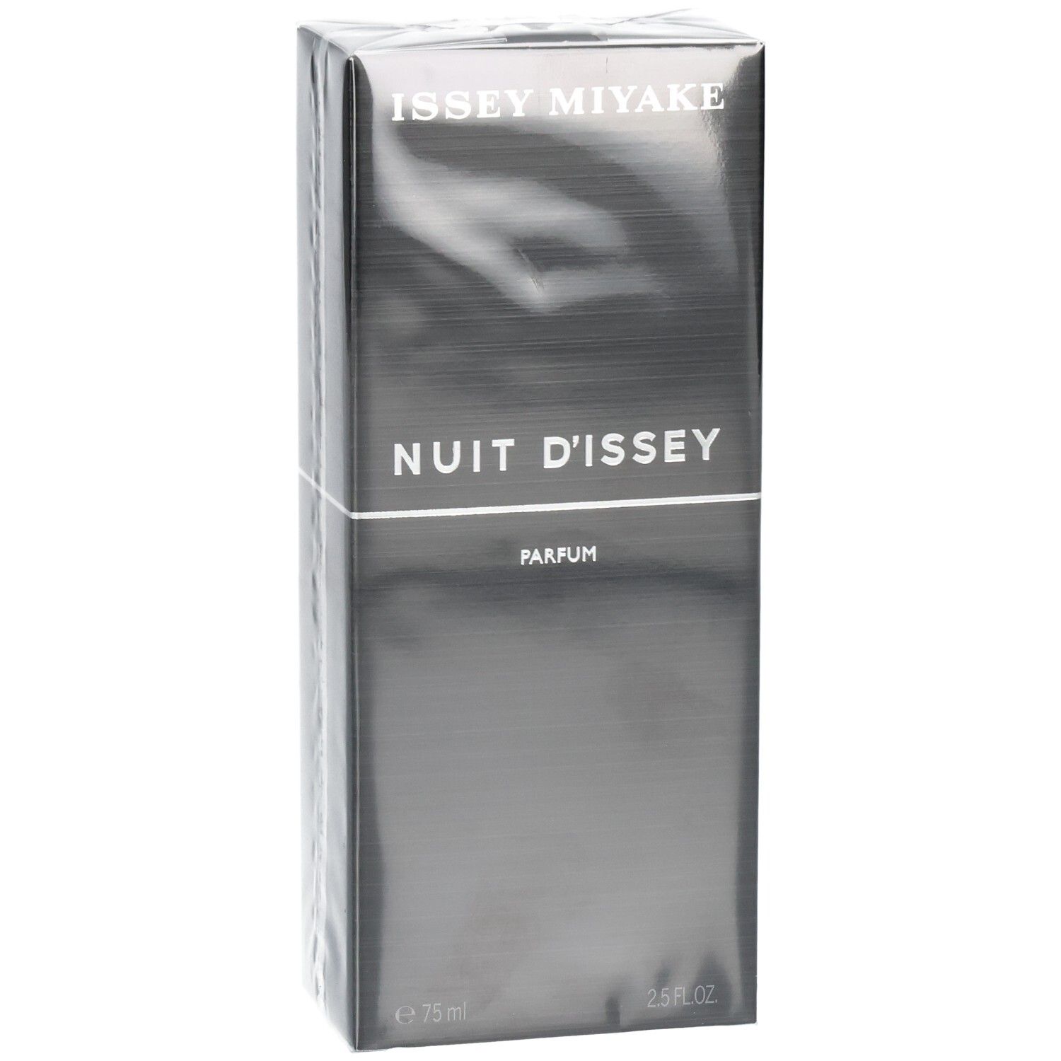 Boîte Issey Miyake Nuit d'Issey Parfum, noire, vue de côté.