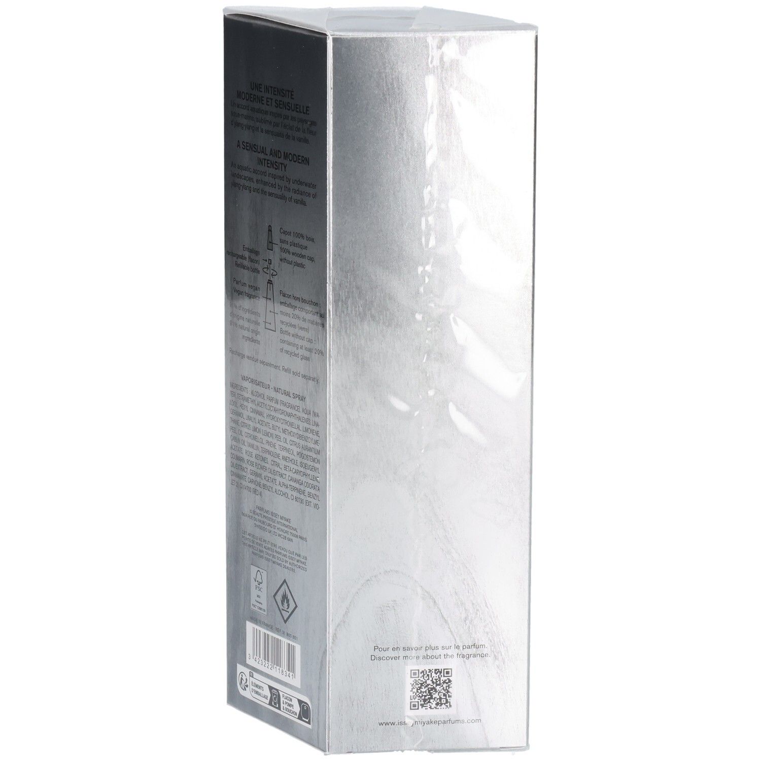 Issey Miyake L'Eau d'Issey Eau de Parfum Intense, emballage argenté avec informations produit.