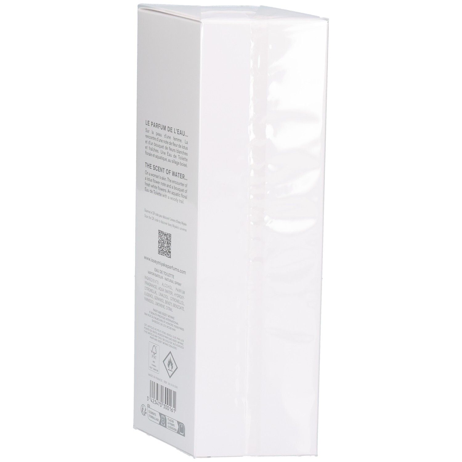 Arrière de l'emballage Issey Miyake L'eau D'issey Eau de Toilette Spray avec texte.