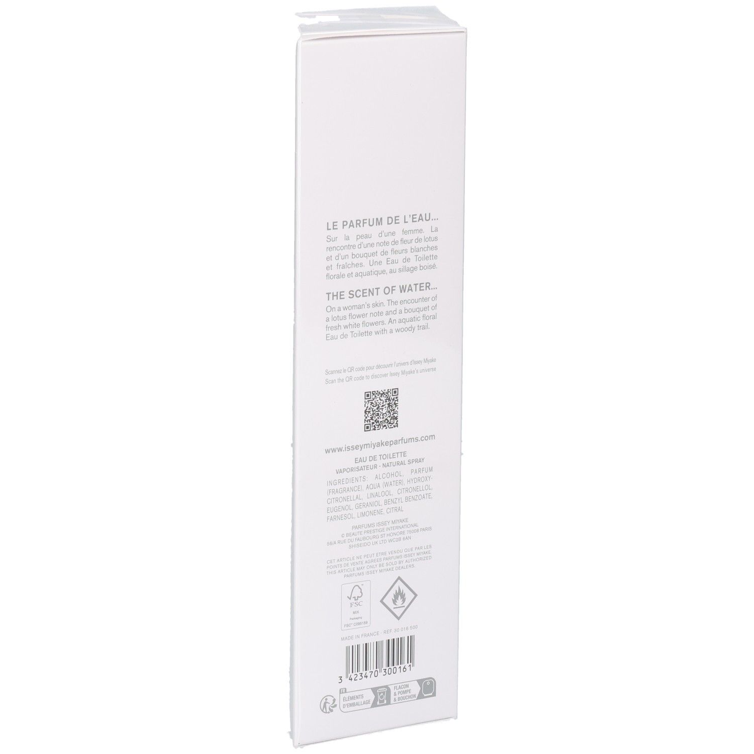 Arrière de l'emballage Issey Miyake L'eau D'issey Eau de Toilette Spray avec texte.