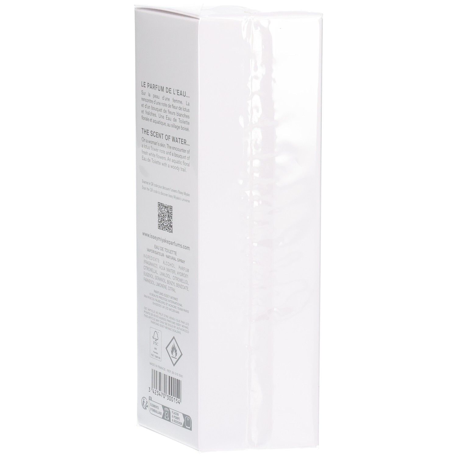 Achterkant van de Issey Miyake L'Eau d'Issey Eau de Toilette verpakking met productinformatie.