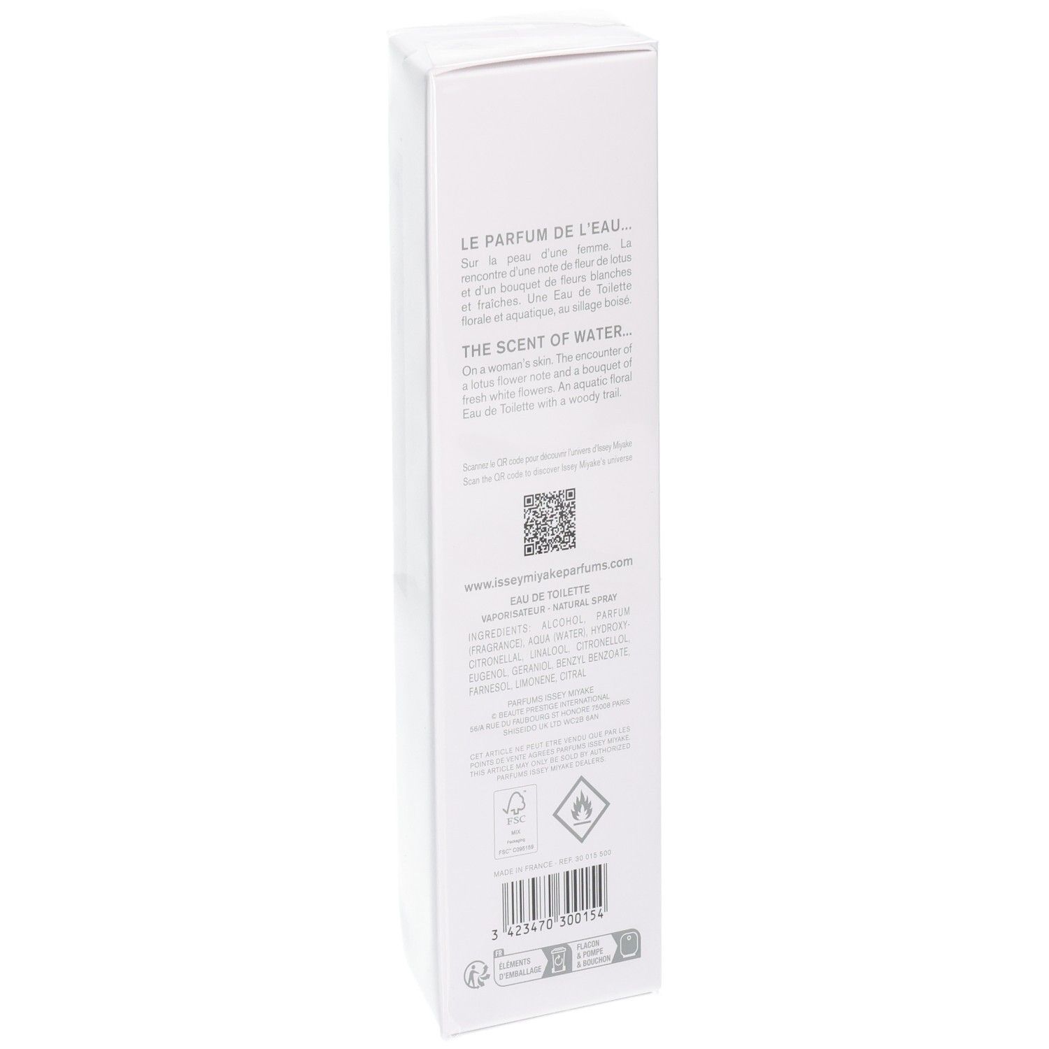 Achterkant van de Issey Miyake L'Eau d'Issey Eau de Toilette verpakking met productinformatie.