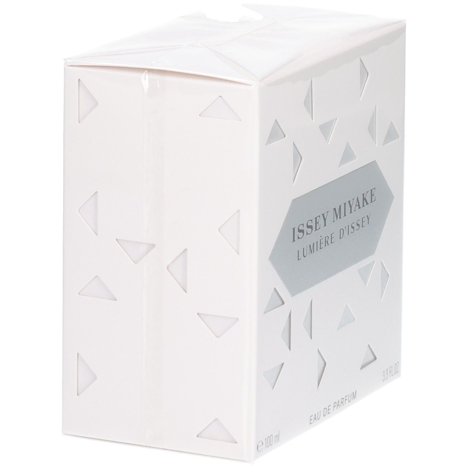 Issey Miyake Lumière d'Issey Eau de Parfum verpakking, zijaanzicht, wit met geometrische driehoeken.