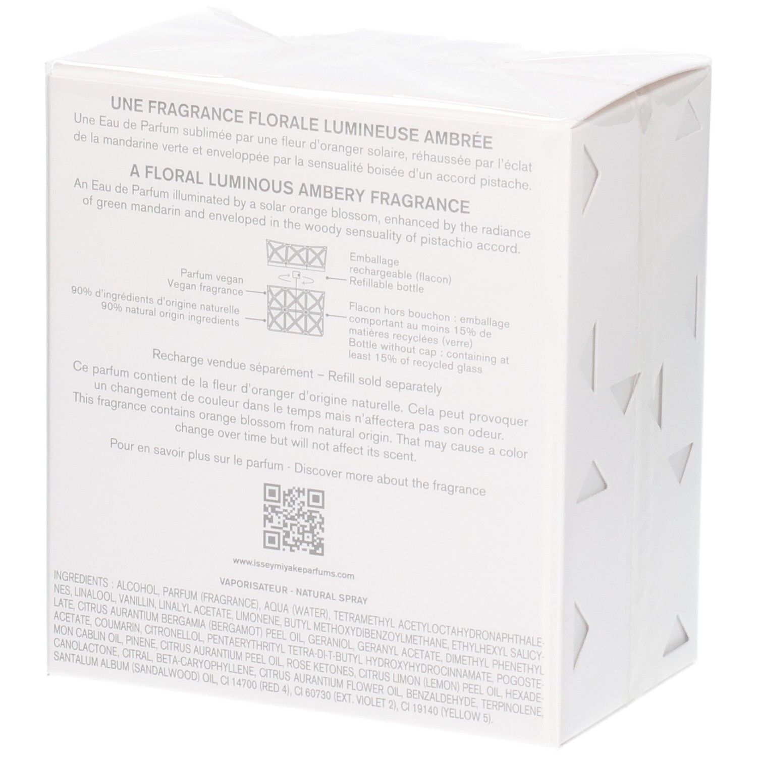 Achterkant van de Issey Miyake Lumière d'Issey Eau de Parfum verpakking met geurbeschrijving en ingrediënten.