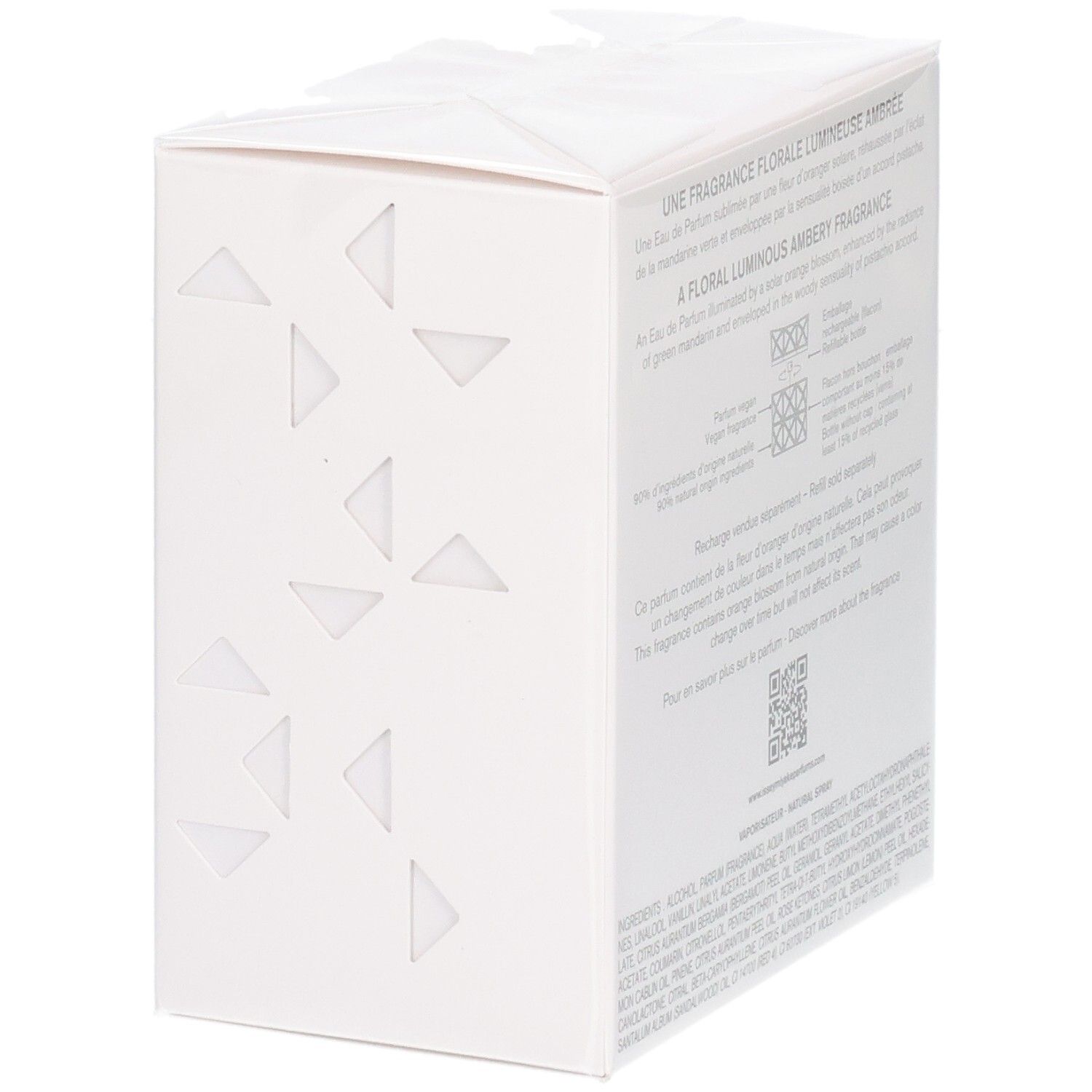 Zijaanzicht van de Issey Miyake Lumière d'Issey Eau de Parfum verpakking, wit met geometrische driehoeken.