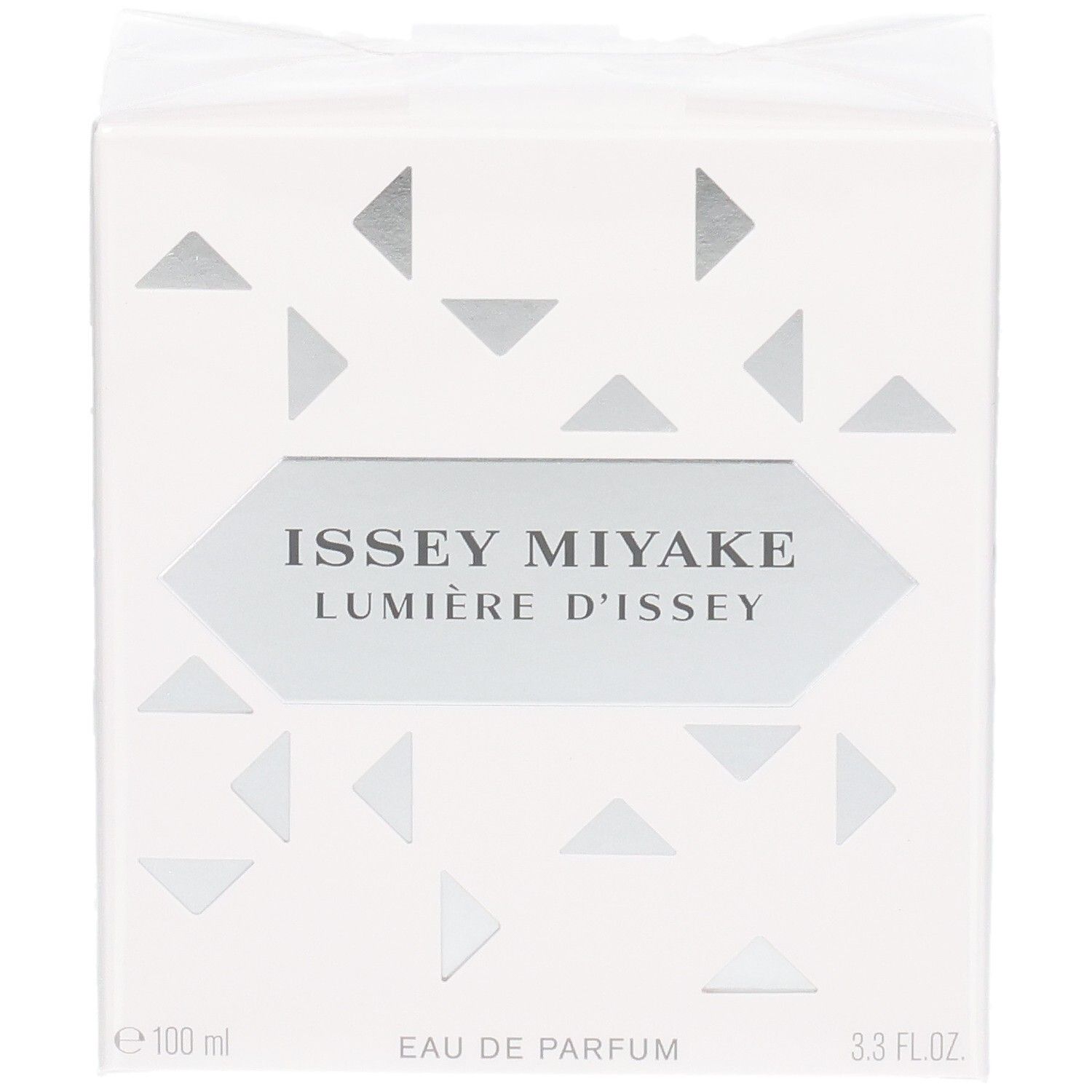 Issey Miyake Lumière d'Issey Eau de Parfum verpakking, voorkant, wit met geometrische driehoeken.
