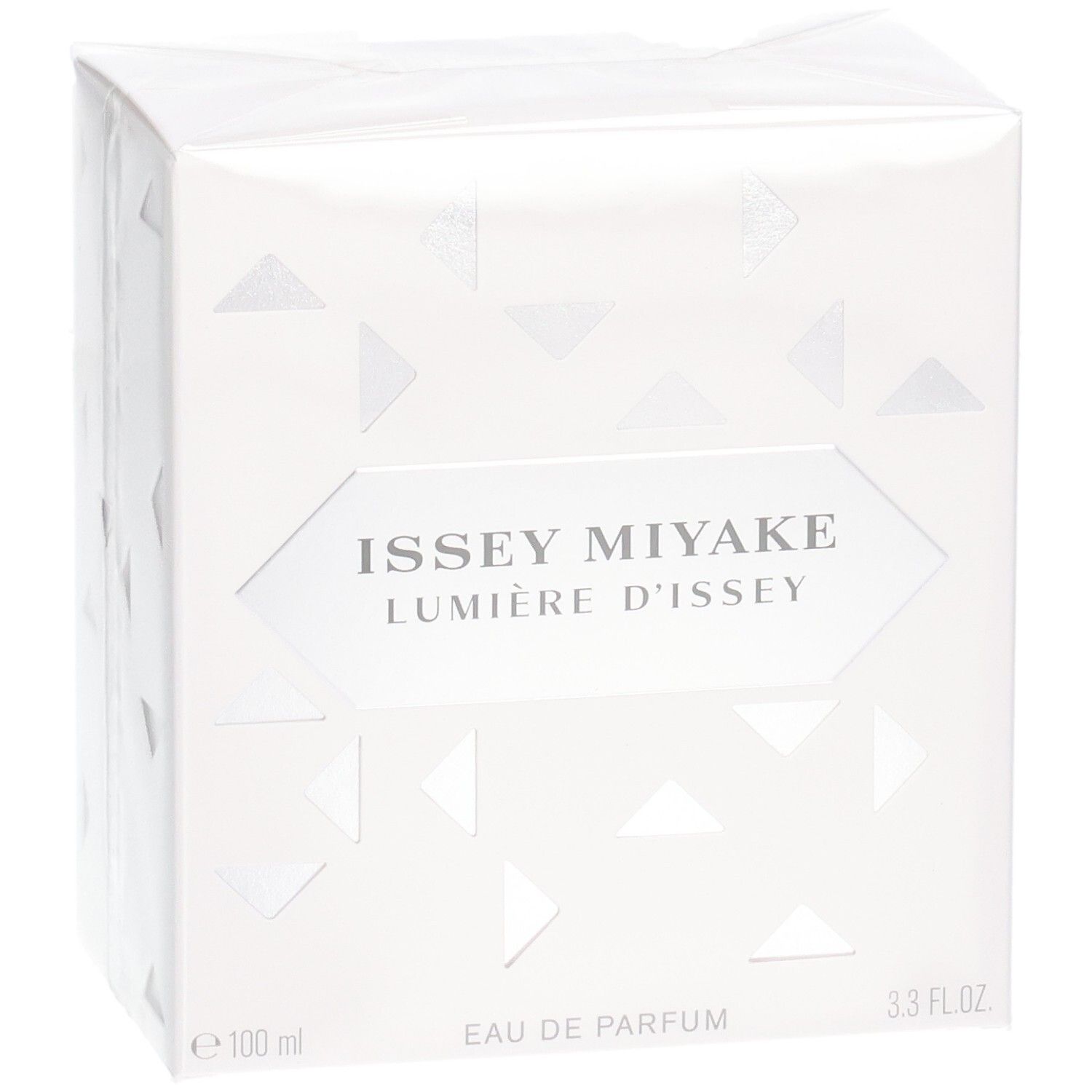Issey Miyake Lumière d'Issey Eau de Parfum verpakking, schuin, wit met geometrische driehoeken.