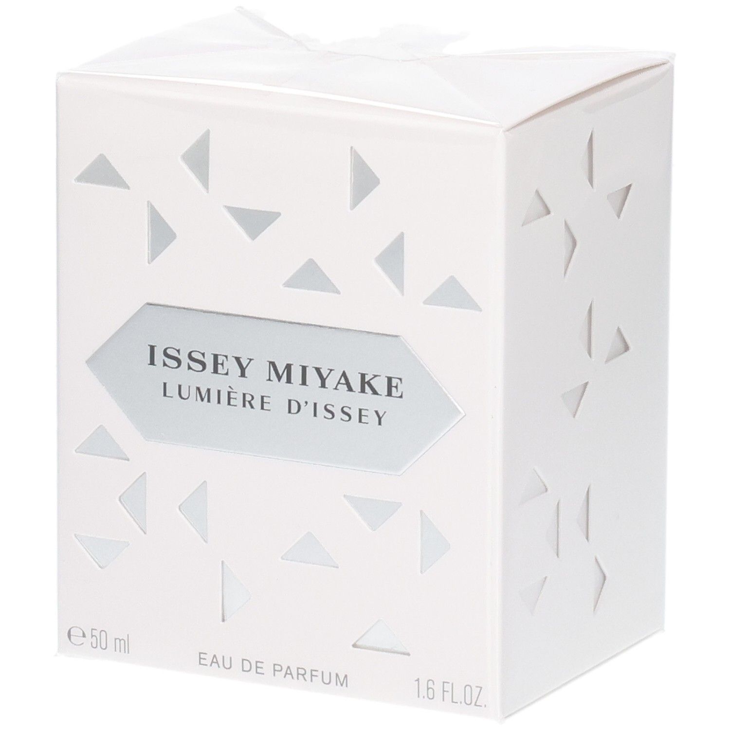 Witte Issey Miyake Lumière d'Issey Eau de Parfum geschenkdoos met geometrische driehoeken en zilveren label.