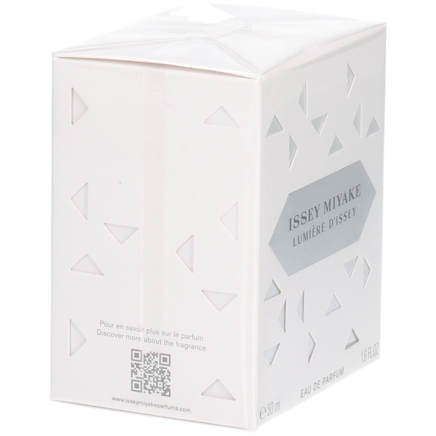 Achterkant van de Issey Miyake Lumière d'Issey Eau de Parfum geschenkdoos met QR-code en website-informatie.