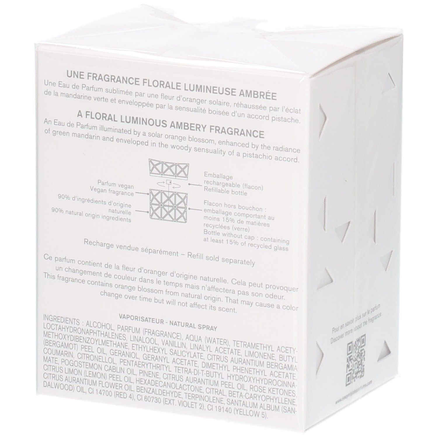 Zijkant van de Issey Miyake Lumière d'Issey Eau de Parfum geschenkdoos met productbeschrijving en ingrediënten.