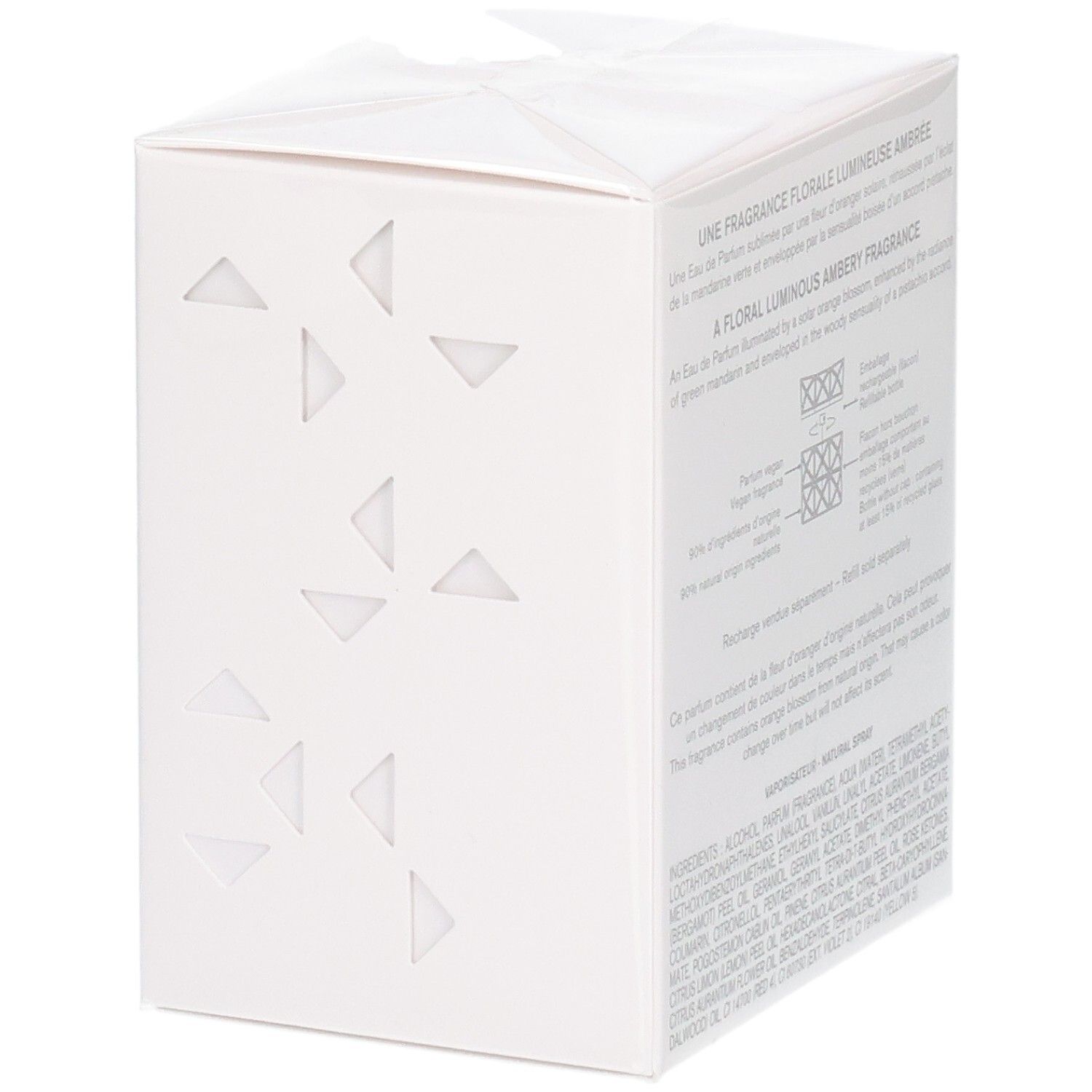 Zijaanzicht van de Issey Miyake Lumière d'Issey Eau de Parfum geschenkdoos met geometrische patronen.