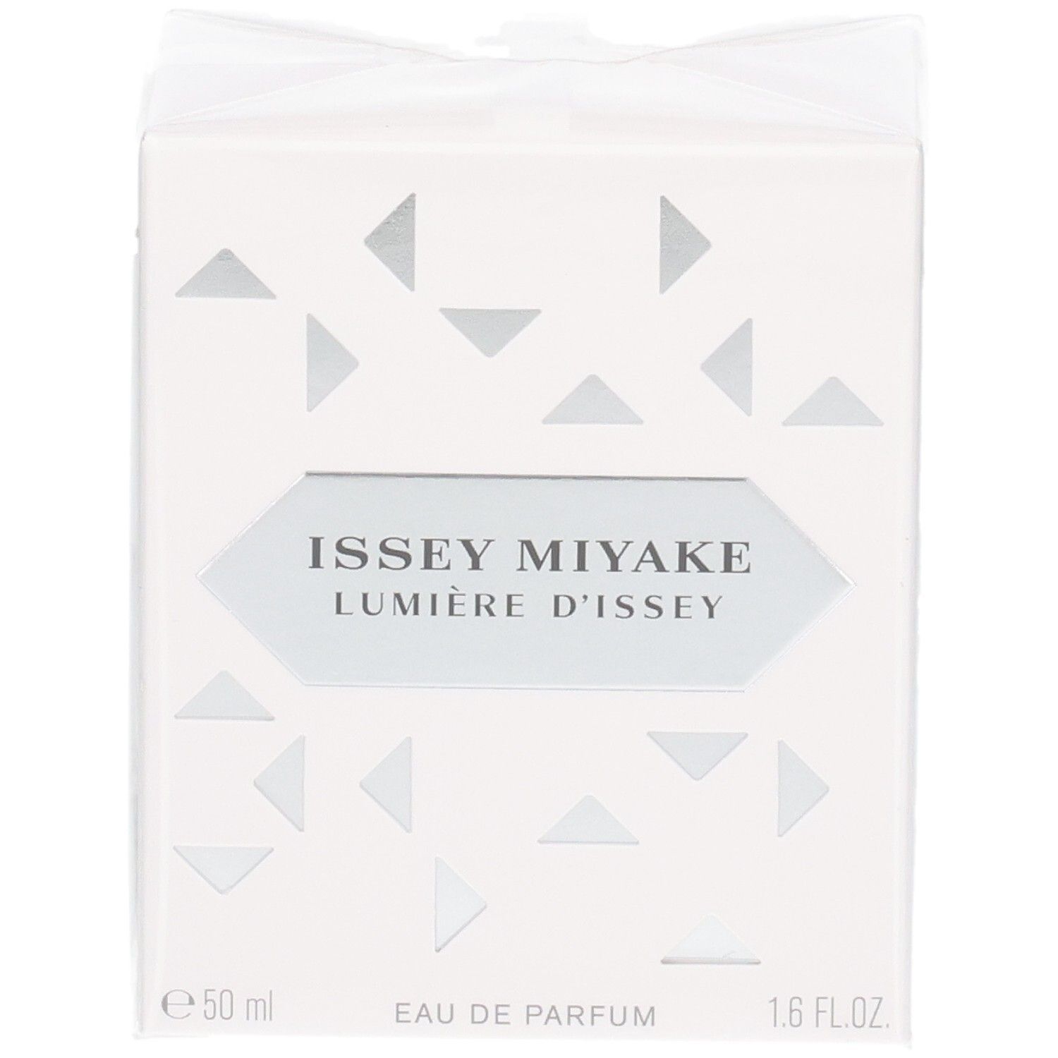 Voorkant van de Issey Miyake Lumière d'Issey Eau de Parfum geschenkdoos, 50 ml, met zilveren label.