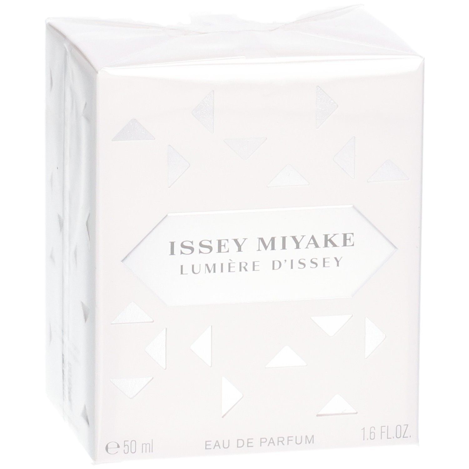 Issey Miyake Lumière d'Issey Eau de Parfum geschenkdoos, 50 ml, met zilveren label en geometrische driehoeken.