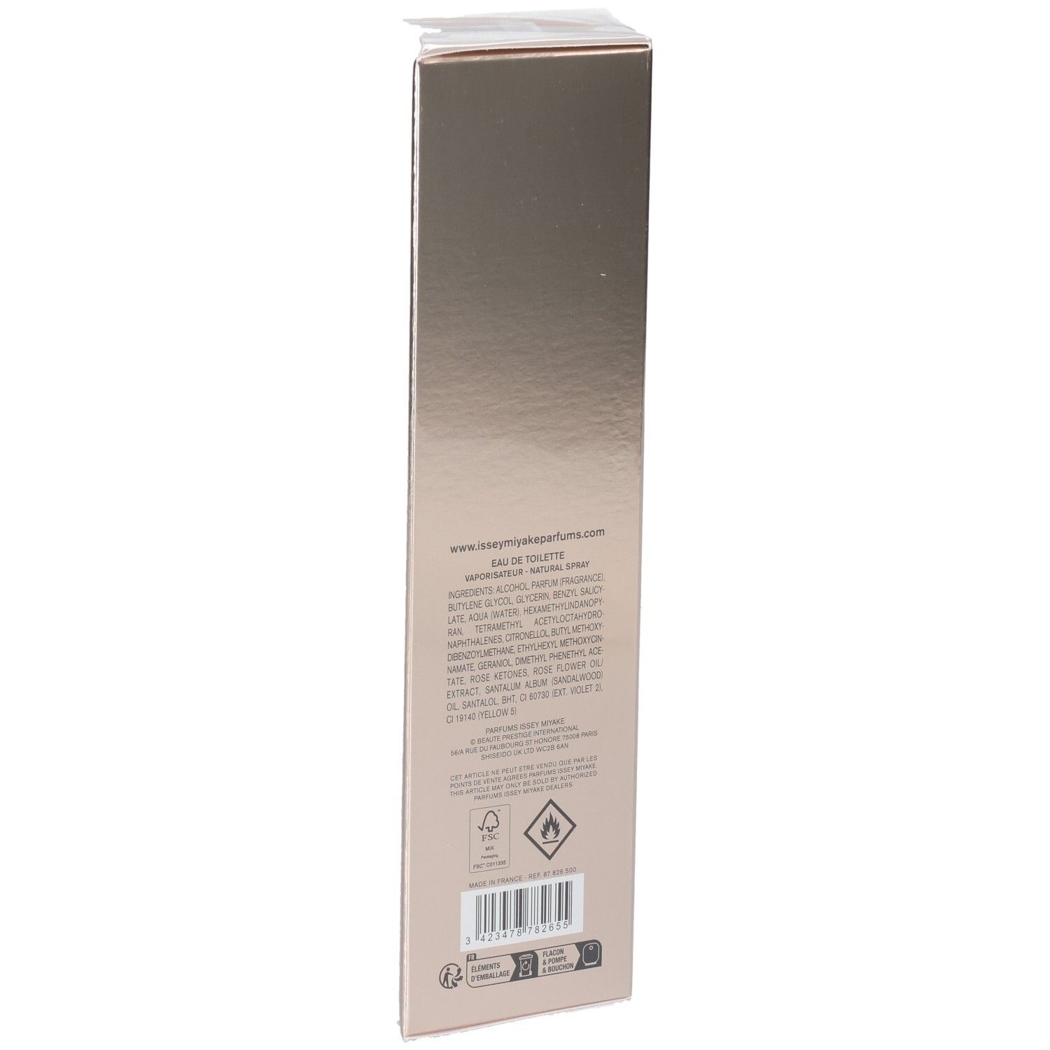 Issey Miyake Nectar d'Issey Petale de Nectar Eau de Toilette achterkant verpakking met ingrediënten en symbolen.