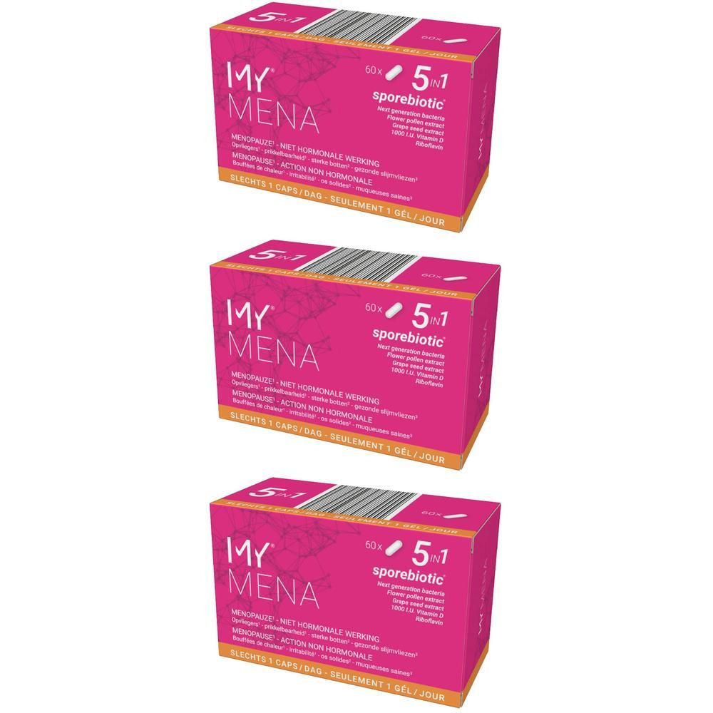 Trois boîtes roses avec le logo "MY MENA" et des informations sur le produit. Inscription : "5-en-1 sporebiotic".