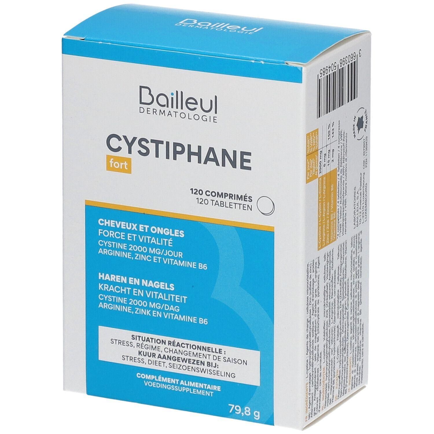 Doosje Cystiphane tabletten. Bevat 120 tabletten. Blauw en wit met productinformatie.