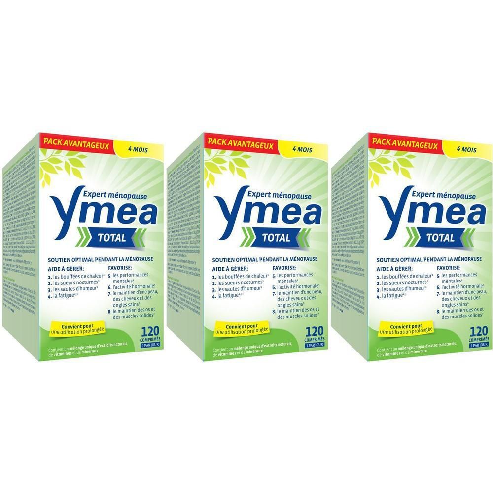 Trois boîtes Ymea Total. Texte: Expert ménopause, 120 gélules. Aide contre bouffées de chaleur et fatigue.