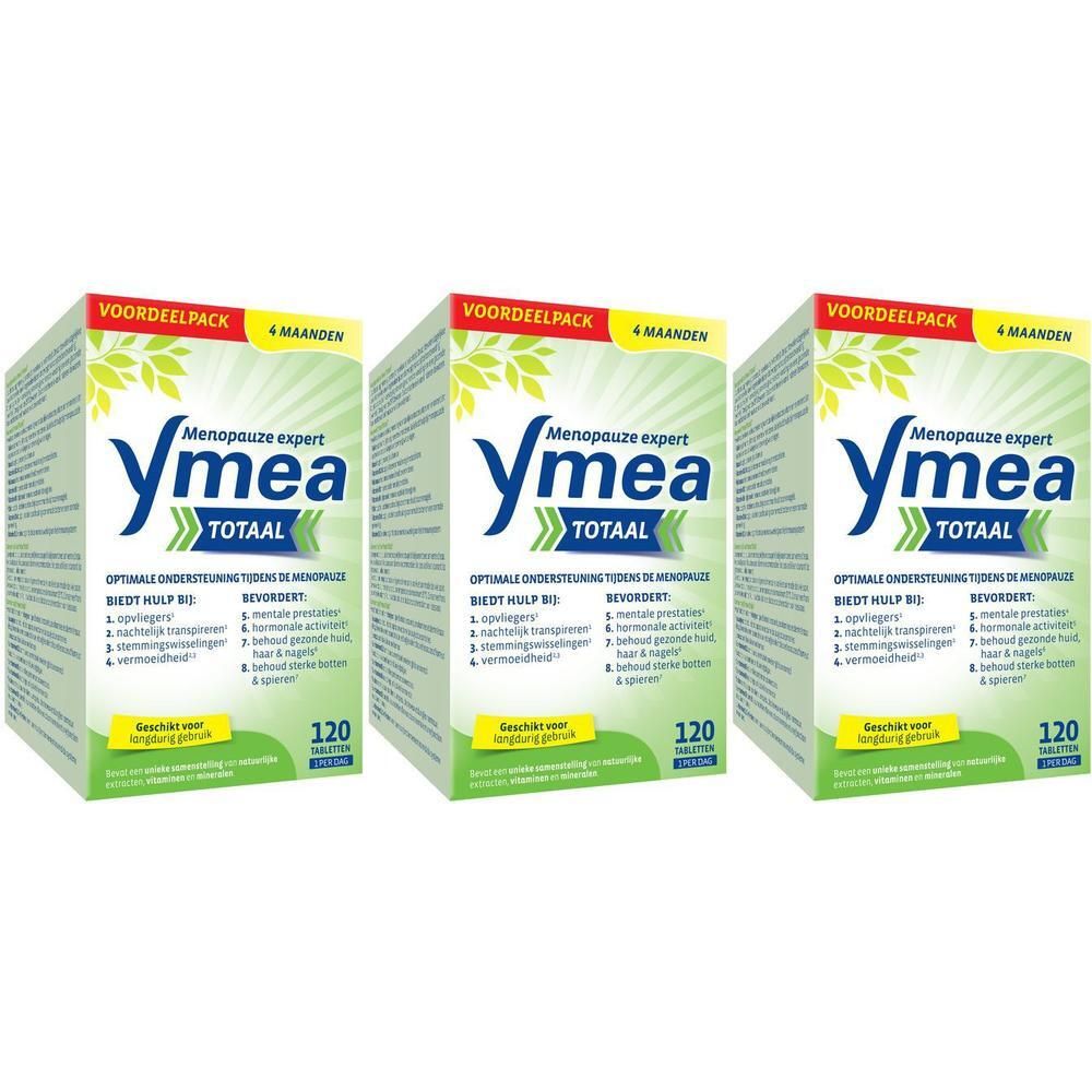 Drie dozen Ymea Totaal. Tekst: Menopauze expert, 120 capsules. Helpt bij opvliegers en vermoeidheid.