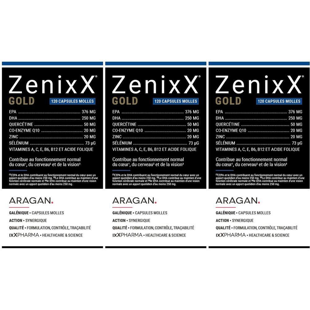 Trois boîtes de Zenixx GOLD, 120 capsules. Contient EPA, DHA, quercétine, co-enzyme Q10, zinc, sélénium, vitamines.