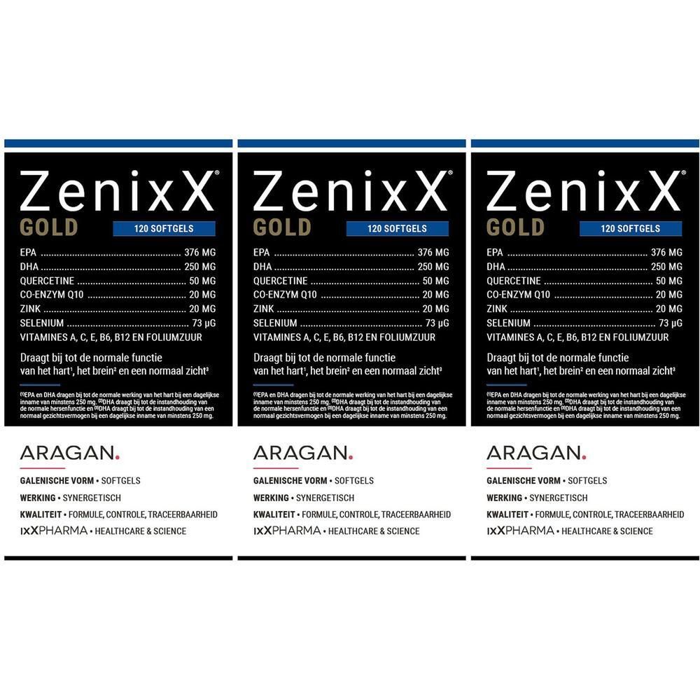 Drie verpakkingen Zenixx GOLD, 120 capsules. Bevat EPA, DHA, quercetine, co-enzym Q10, zink, selenium, vitaminen.