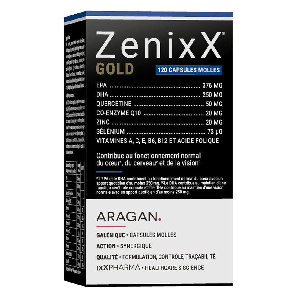Boîte noire Zenixx GOLD, 120 capsules. Contient EPA, DHA, quercétine, co-enzyme Q10, zinc, sélénium, vitamines.