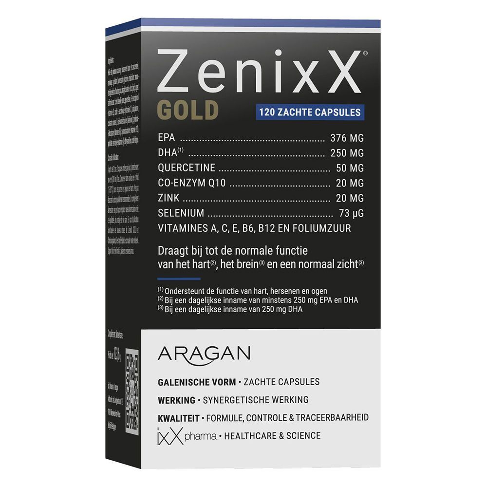 Zwarte doos Zenixx GOLD, 120 capsules. Bevat EPA, DHA, quercetine, co-enzym Q10, zink, selenium, vitaminen.