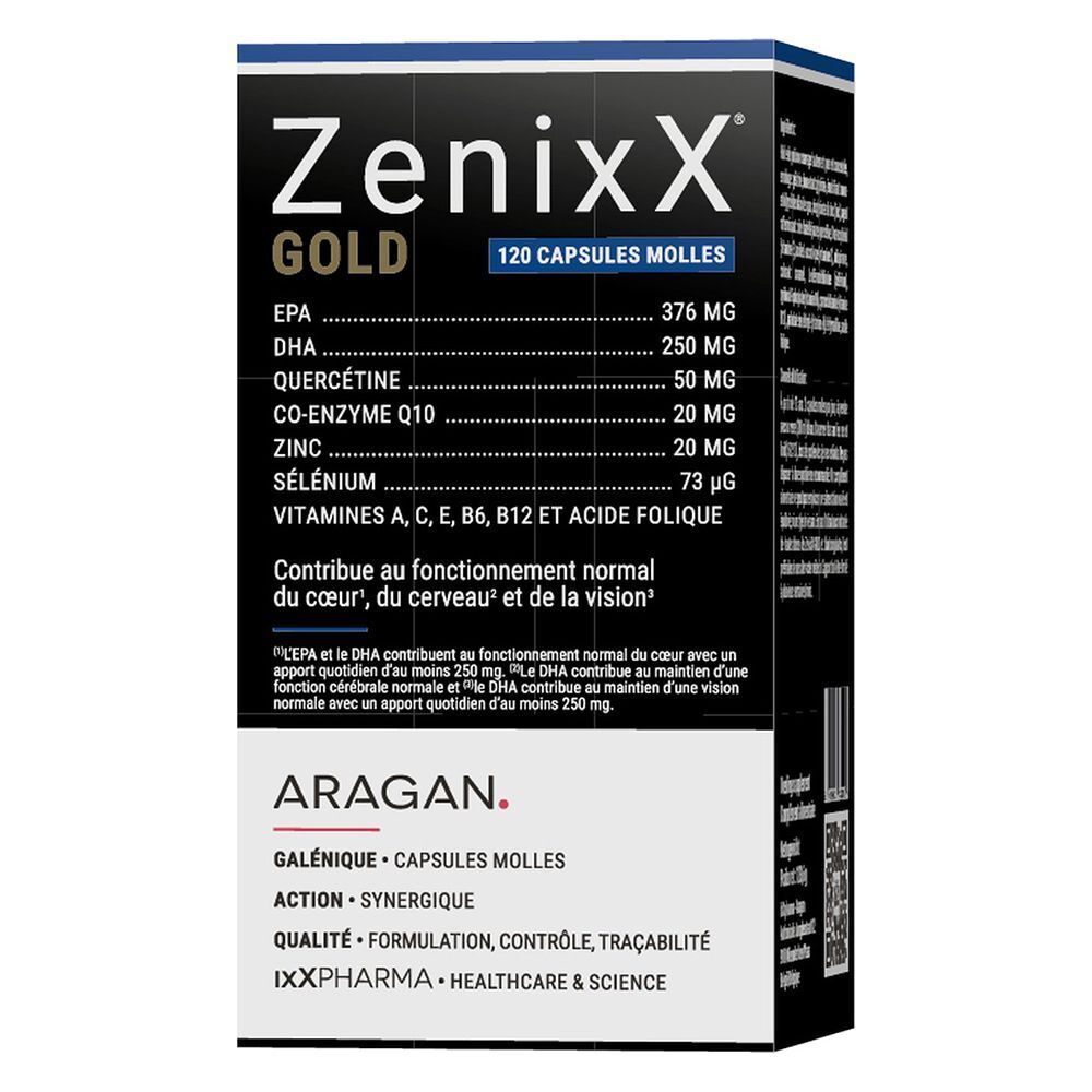 Boîte noire Zenixx GOLD, 120 capsules. Contient EPA, DHA, quercétine, co-enzyme Q10, zinc, sélénium, vitamines.